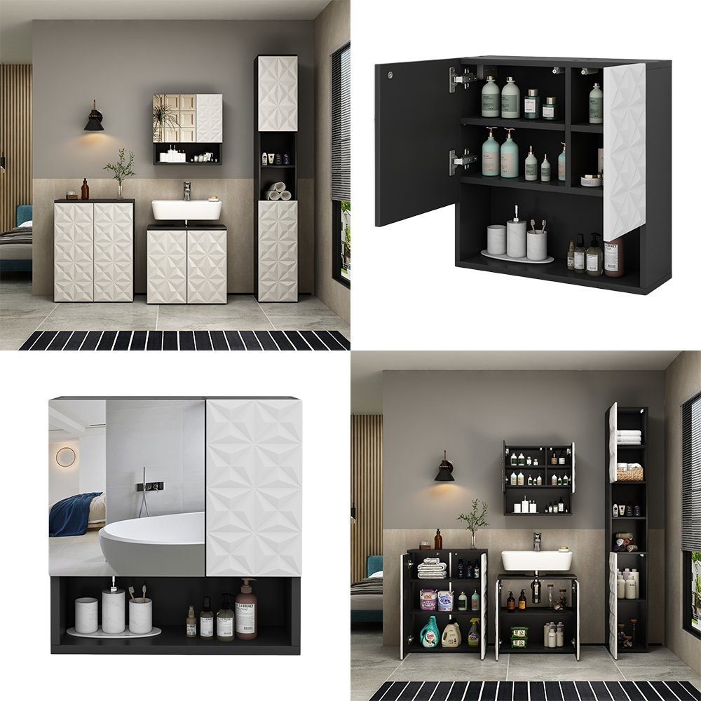 Vicco Schwarz/Weiß Badezimmerspiegelschrank Badmöbel schwarz EDGE | schwarz-weiß