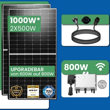 EPP.Solar Balkonkraftwerk 1000W/800W Balkonkraftwerk inkl. Photovoltaik 500W Solarmodul, 1000,00 W, Monokristallin, (Komplettset mit DEYE WLAN Wechselrichter mit Relais drosselbar auf 800W/600W inkl 5m Kabel), Balkon-Solaranlage steckerfertig für Ihr Haus, Plug & Play