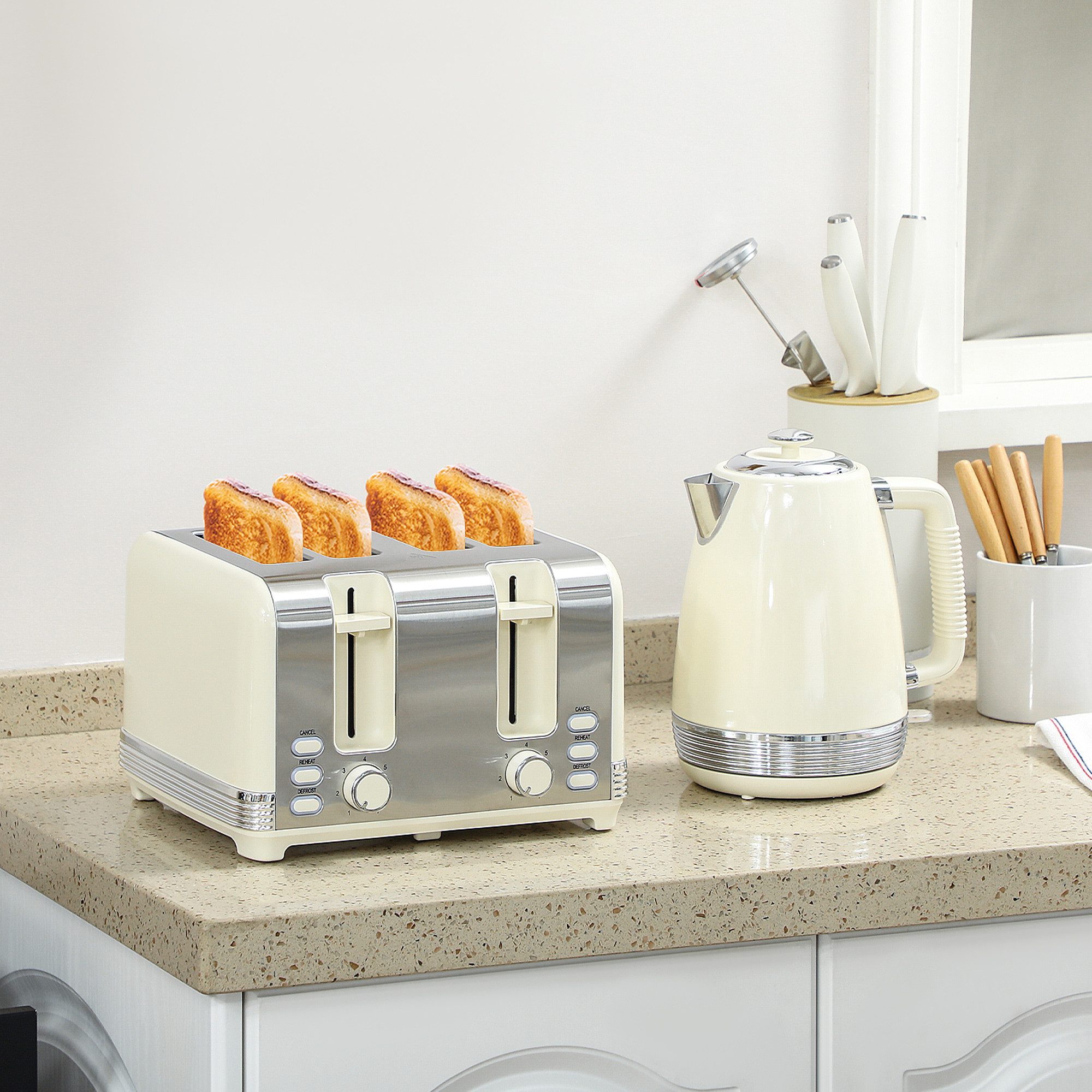 HOMCOM Toaster Wasserkocher Edelstahl Frühstück-Set 1,7L Auftauen Aufwärmen, Kocher-Toaster-Set, für Frühstückszubereitung, 2200 W, 7 Bräunungsstufen, Krümelfach, Cremeweiß