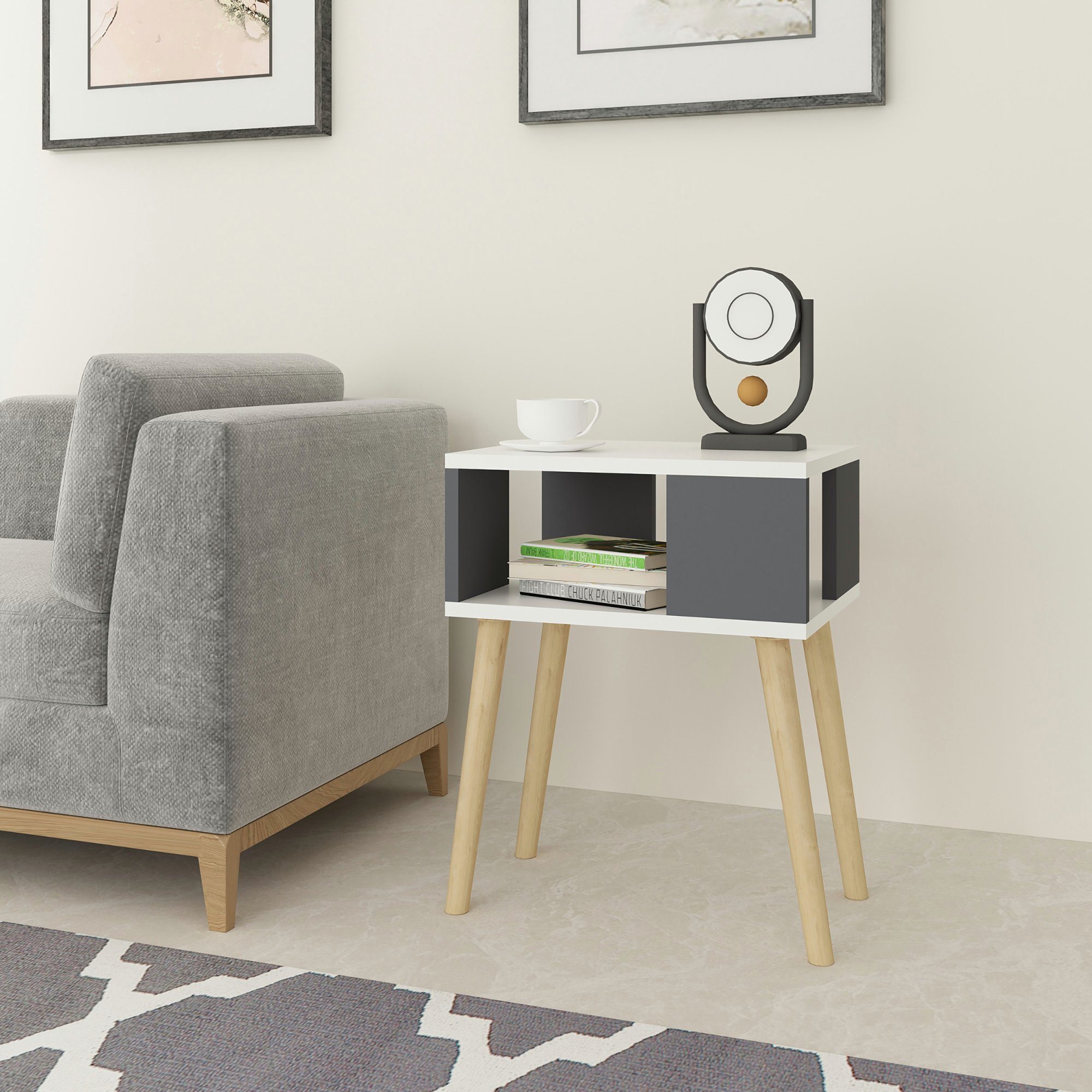 en.casa Beistelltisch, »Lekeberg« Nachttisch 60 x 45 x 35 cm Weiß / Anthrazit