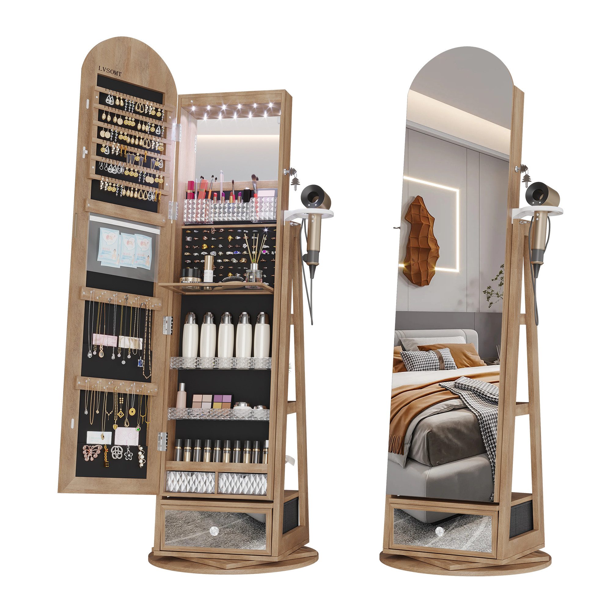 LVSOMT Schmuckschrank 360° Drehbar, LED Bogen Schmuckschrank mit Spiegel, 1 günstig online kaufen