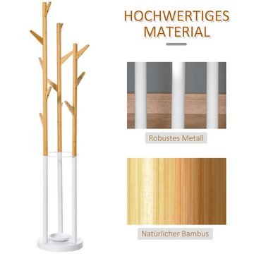 HOMCOM Garderobenständer Garderobenständer, (Set, 1 St., Kleiderständer), mit 12 Haken Flur Metall Bambus Natur Weiß
