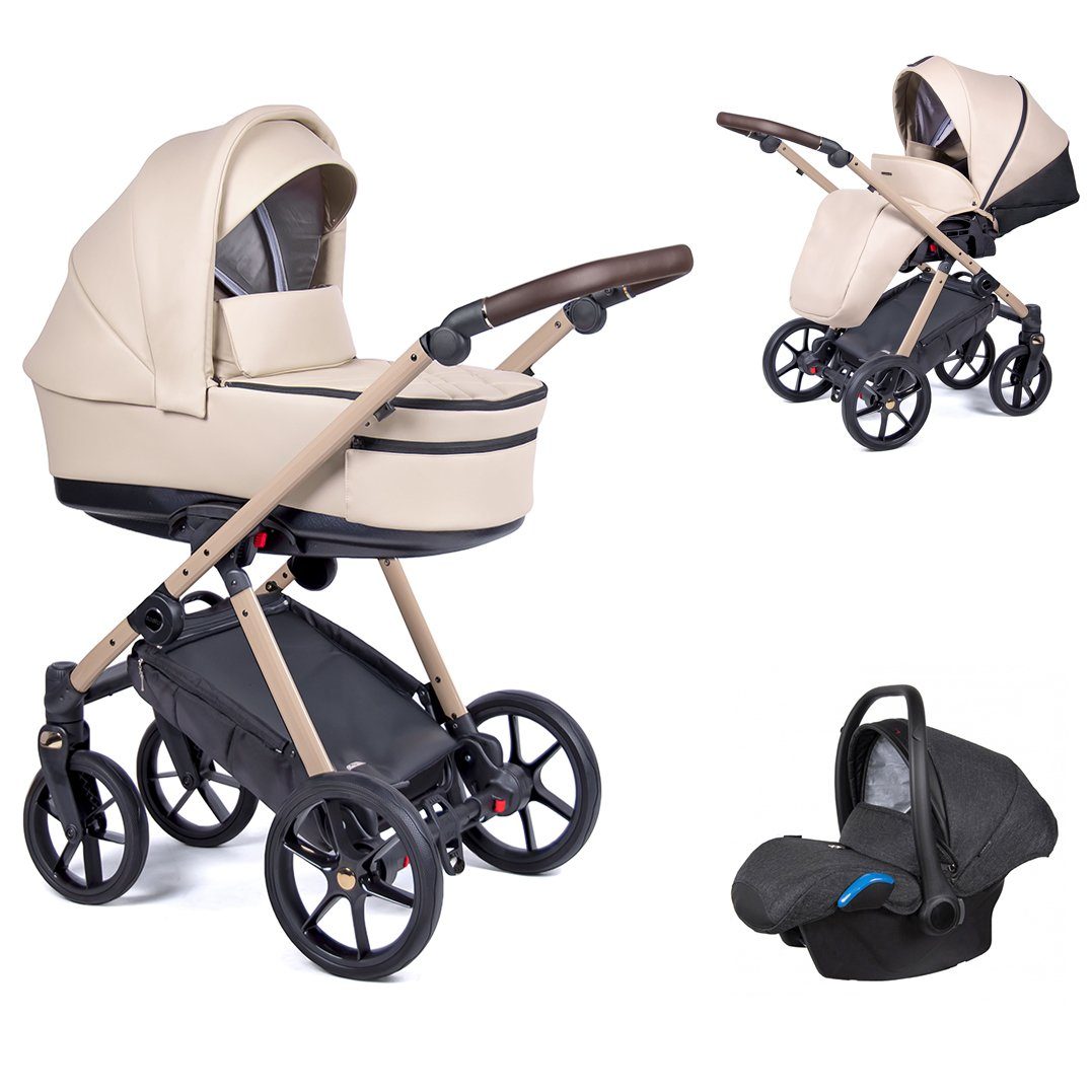 babies-on-wheels Kombi-Kinderwagen 3 in 1 Kinderwagen-Set Axxis Premium - 15 Teile - in 12 Designs Creme = Gestell beige