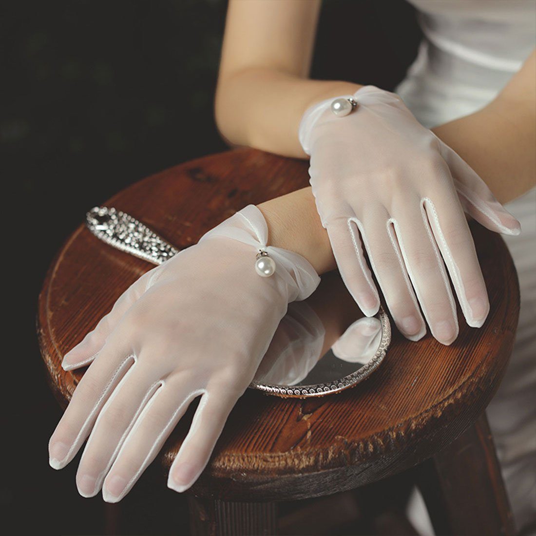 DÖRÖY Handschuhe, Braut Handschuhe Perle weiße kurze Hochzeit Premium Abendhandschuhe
