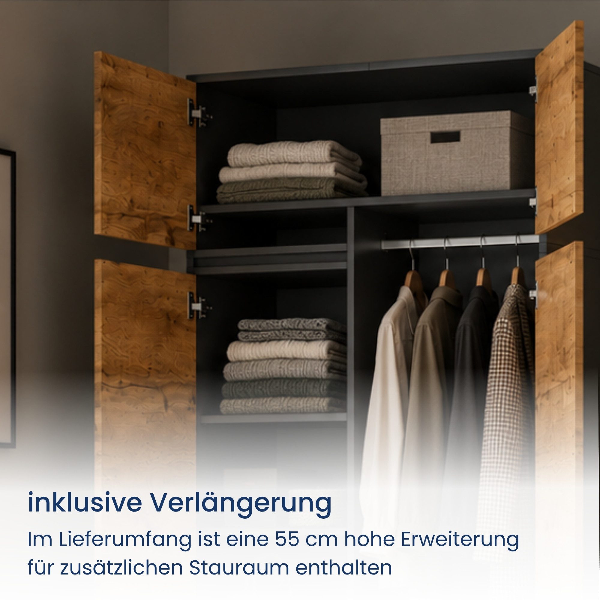 Home Collective Kleiderschrank Schrank Schlafzimmer Garderobenschrank Mehrzweckschrank Hochschrank (100 cm breit, mit 2 Schubladen, Kleiderstange & Einlegeböden – Bild 3 von 5