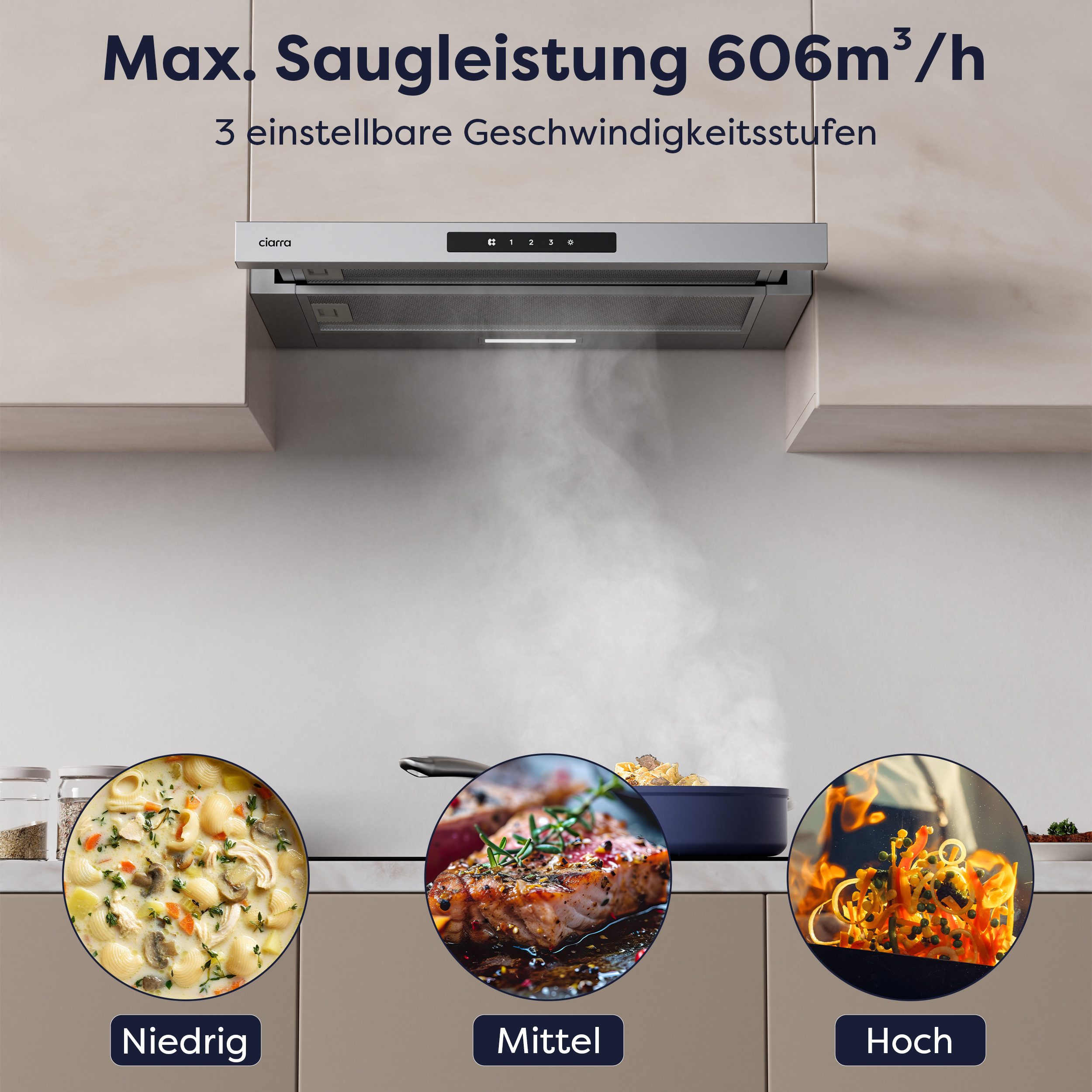 CIARRA Flachschirmhaube 60 cm ausziehbare Dunstabzugshaube 606 m³/h A+ SensorTouch VMS6909A Abluft & Umluft Teleskophaube 2 Aktivkohlefilter & Fettilter 3 Stufe – Bild 4 von 5