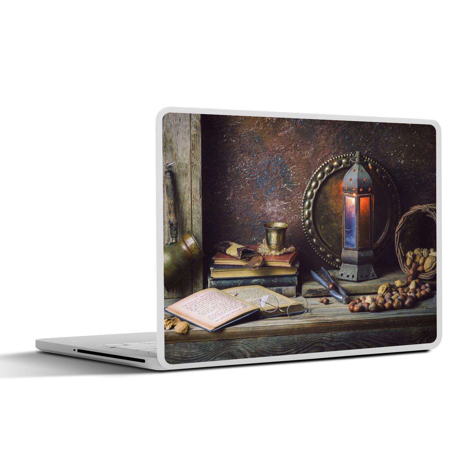 MuchoWow Laptop-Aufkleber Buch - Stilleben - Walnuss - Laterne - Vintage, (1tlg), Laptop Folien Cover, Aufkleber, Sticker, Schutz vor Kratzern, 30x21 cm