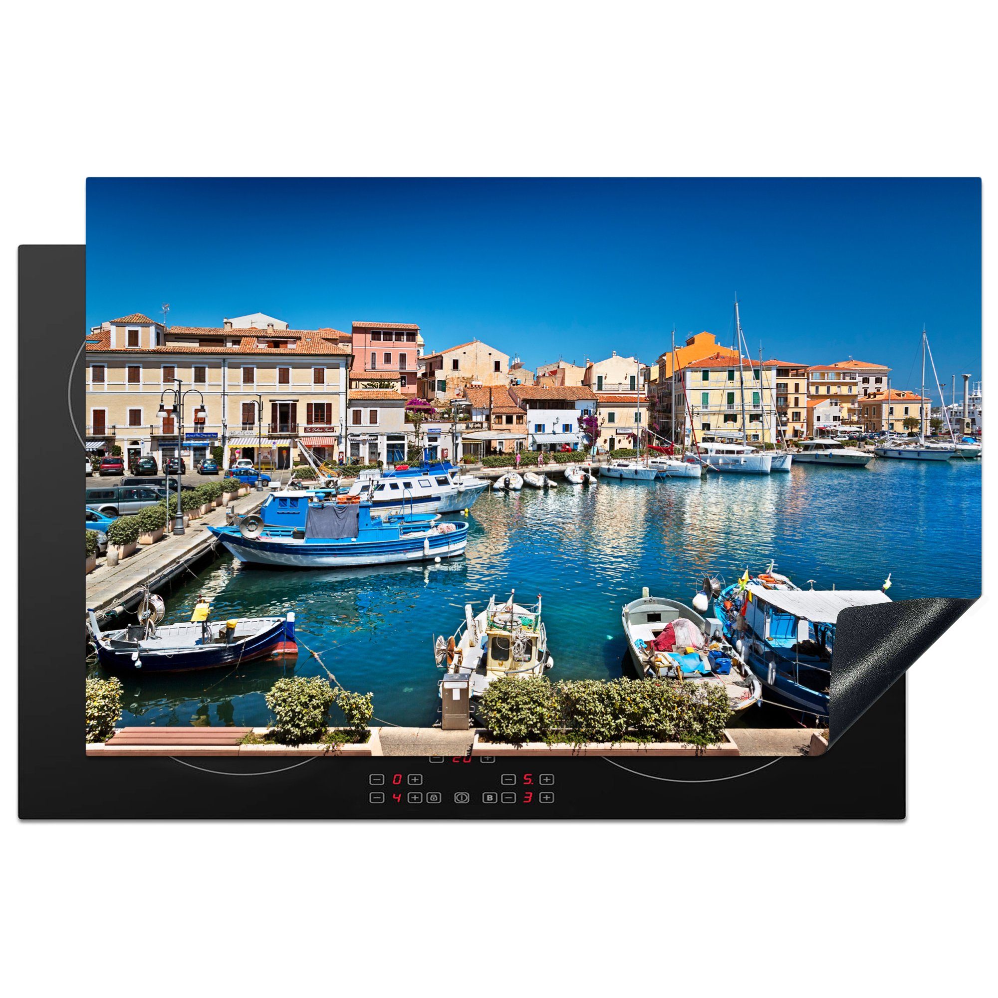 MuchoWow Herdblende-/Abdeckplatte Hafen in La Maddalena auf Sardinien, Vinyl, (1 tlg), 81x52 cm, Induktionskochfeld Schutz für die küche, Ceranfeldabdeckung