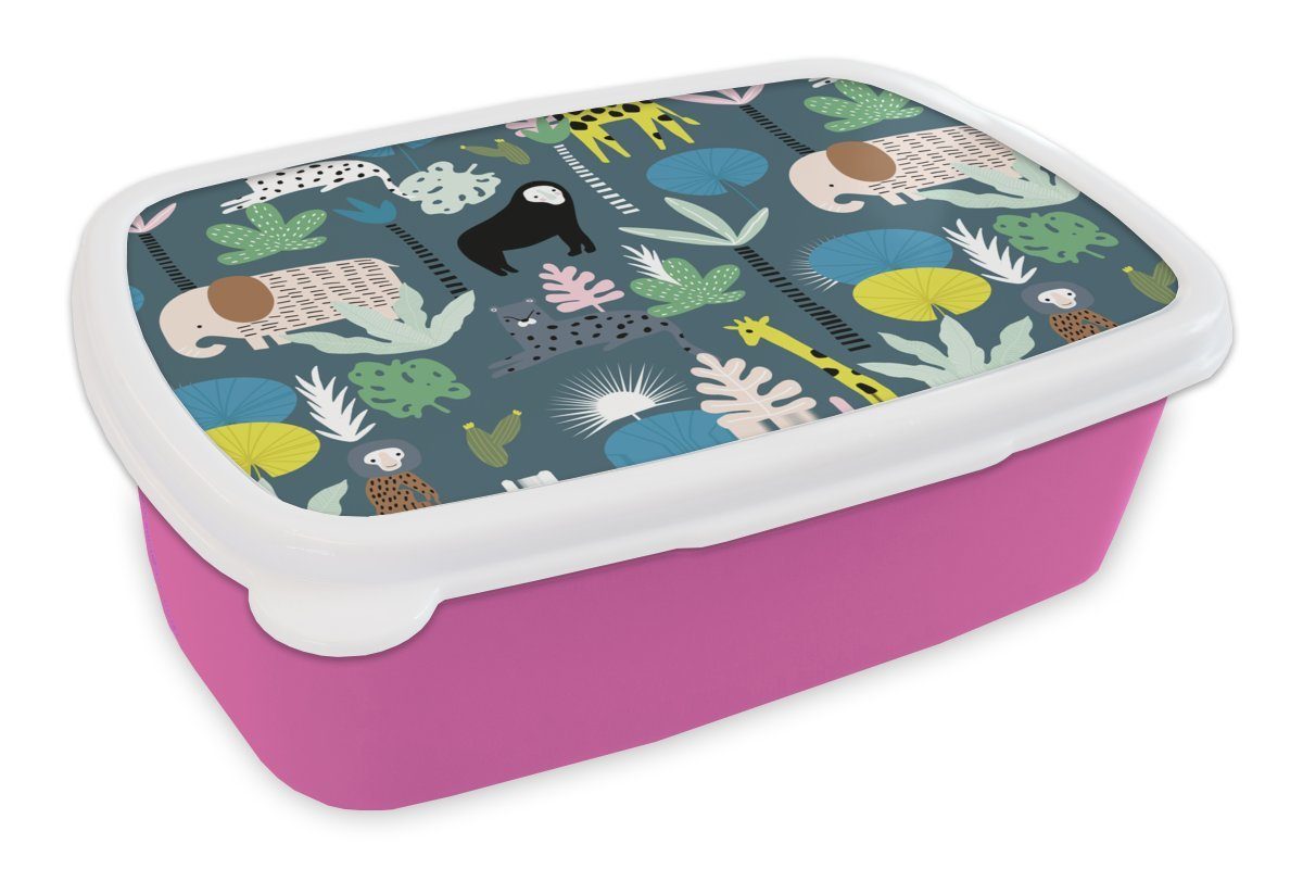 MuchoWow Lunchbox Tiere Kinder, Kunststoff - Brotbox Kunststoff, Blau, - rosa (2-tlg), Erwachsene, Brotdose Dschungel für Pflanzen - Snackbox, Mädchen