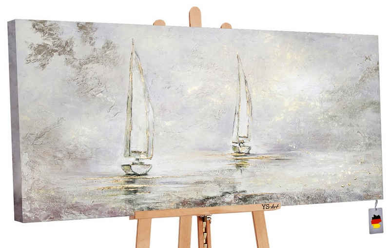 YS-Art Gemälde Morgendämmerung, Landschaft, Segelboote Hell Gold Meer Wasser Strand