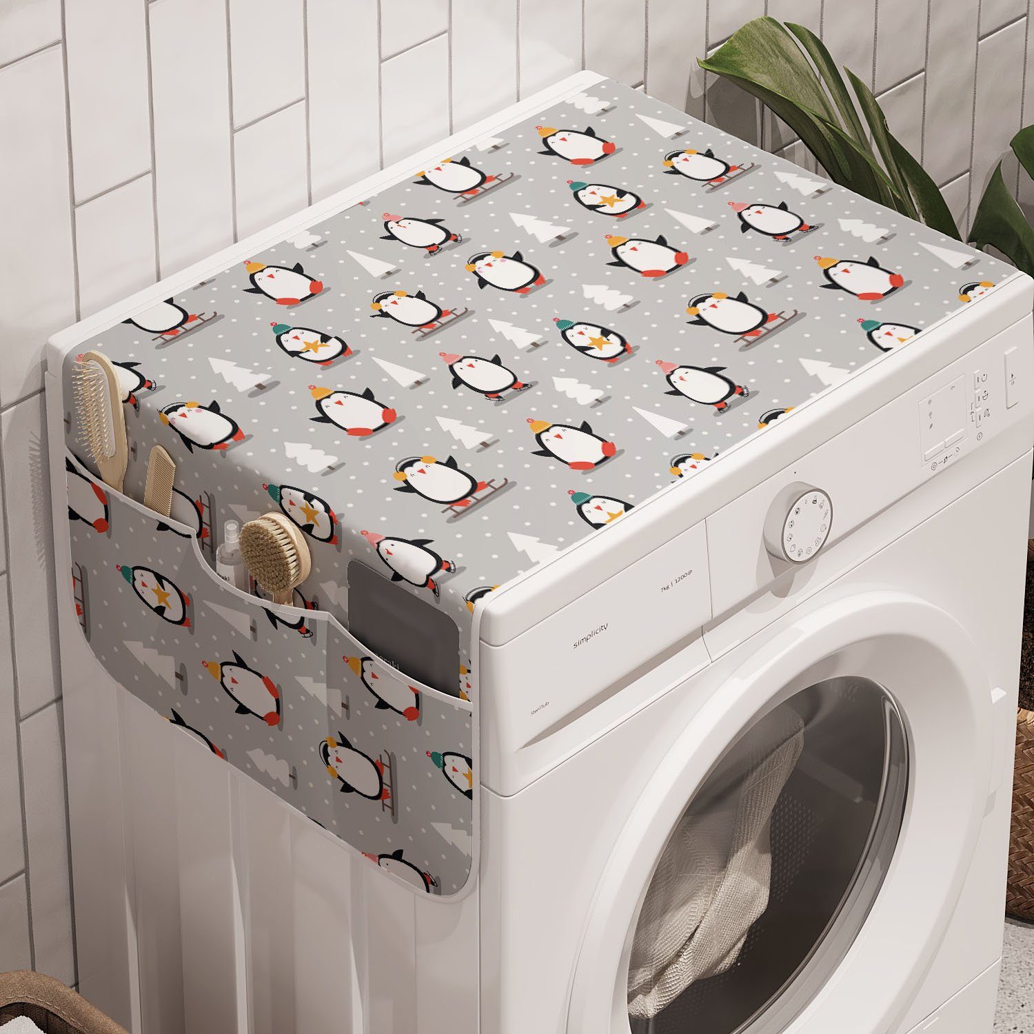Abakuhaus Badorganizer Anti-Rutsch-Stoffabdeckung für Waschmaschine und Trockner, Winter Pinguin auf Schnee-Muster