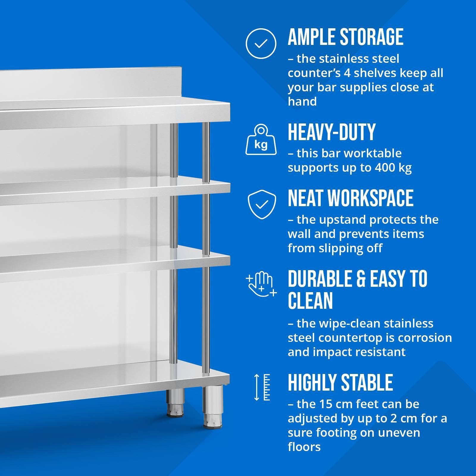 Royal Catering Arbeitstisch Edelstahl Bar-Arbeitstisch 100x30 cm mit Rückwand & Aufkantung 400 kg
