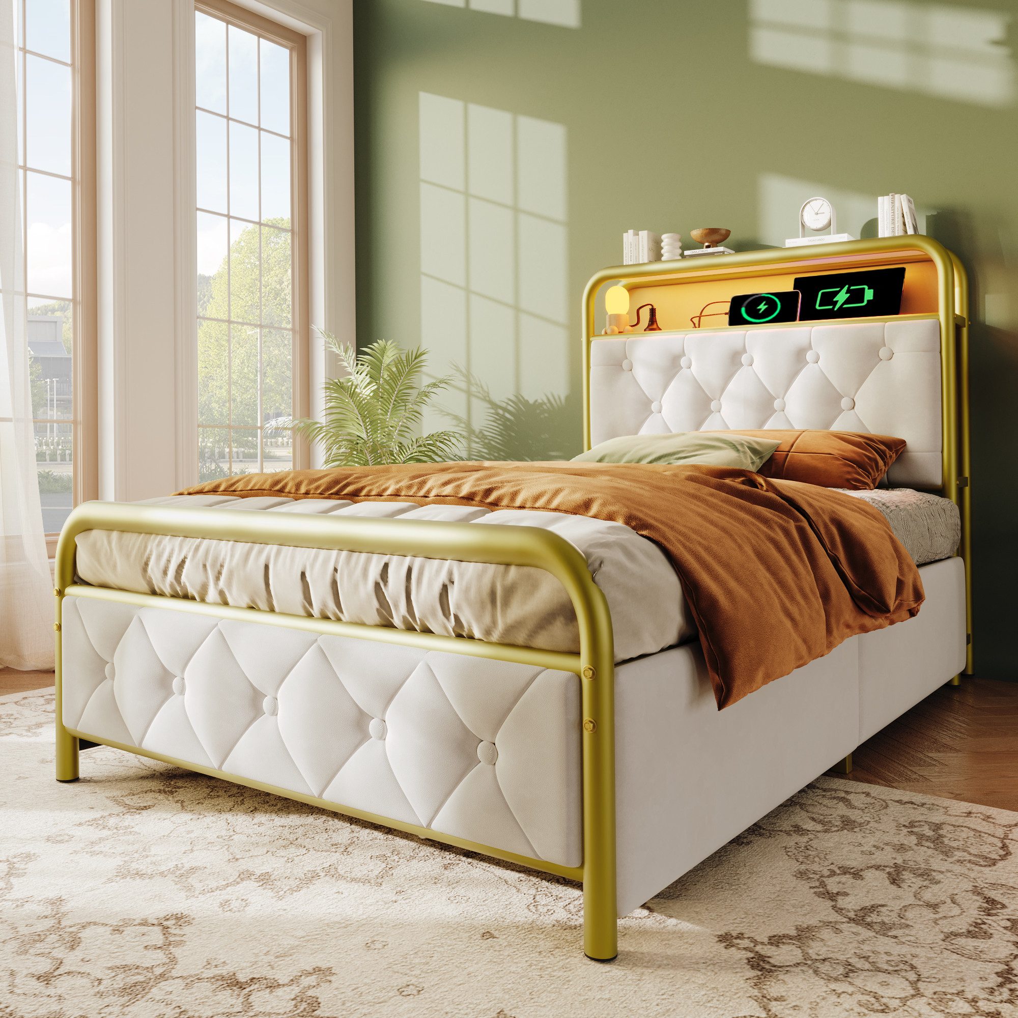 Flieks Metallbett, LED Polsterbett Einzelbett 90x200cm mit Ladenfunktion un günstig online kaufen