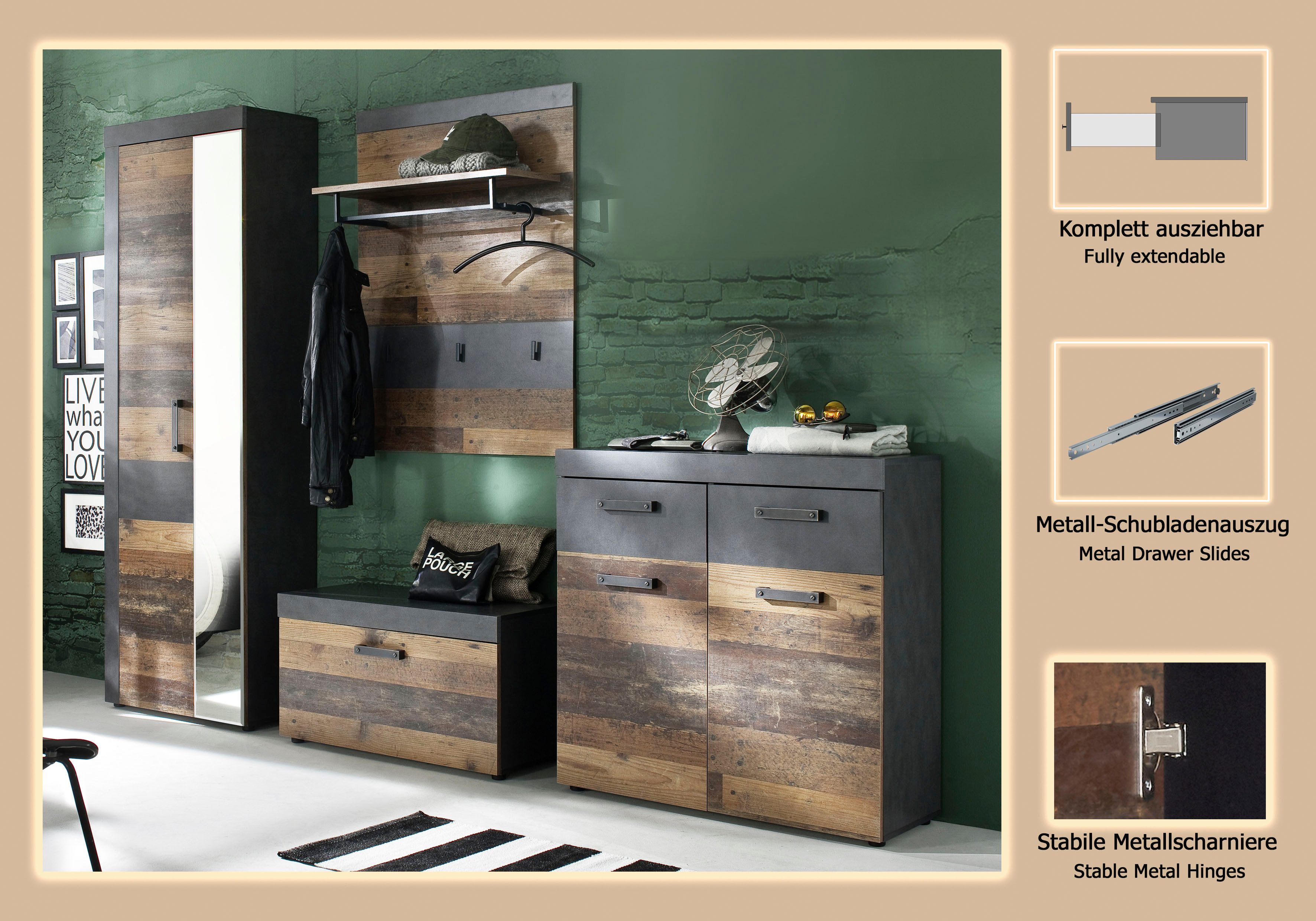 INOSIGN Garderoben-Set Ilana, (Set, 4-St), Garderobenmöbel im modernen Industrial Style mit antikfarbenen Griffen