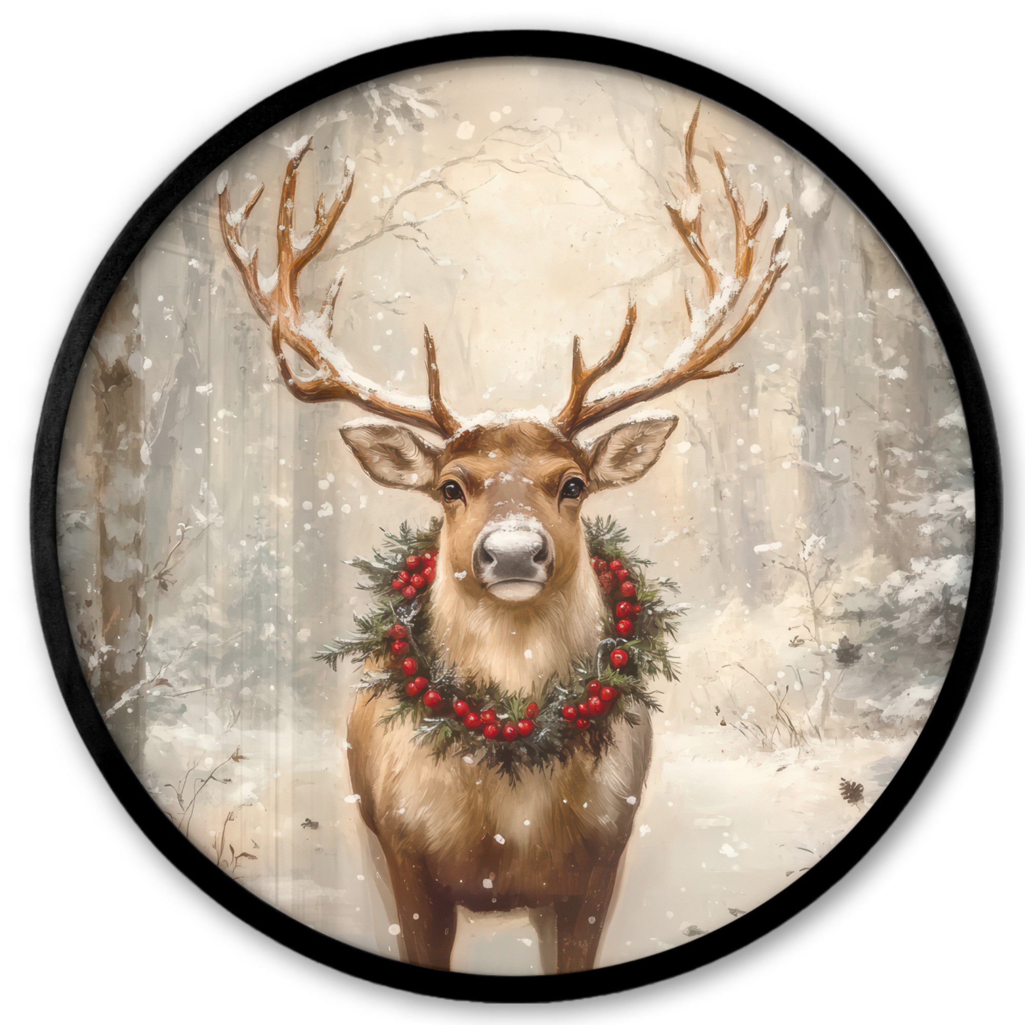MuchoWow Poster Rund - Weihnachten - Rentier - Winter - Kranz, (1 St), Runde Wandbilder, Deko für Wohnzimmer und Schlafzimmer, 40x40 cm