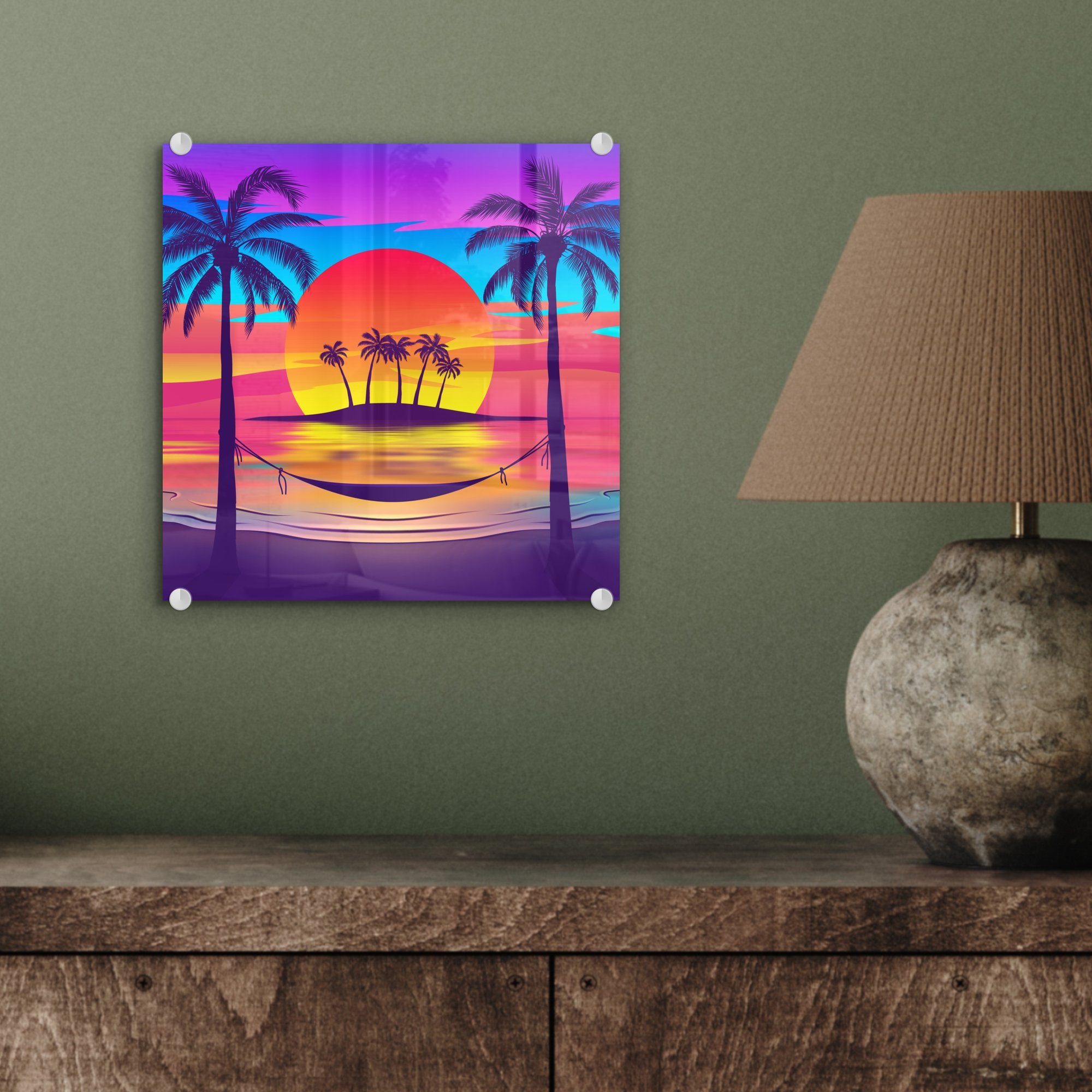 - tropischen (1 auf Glasbilder Acrylglasbild Illustration Glas - eines Bilder buntem Wandbild Sonnenuntergang, MuchoWow auf - Strandes St), mit Foto Wanddekoration Glas