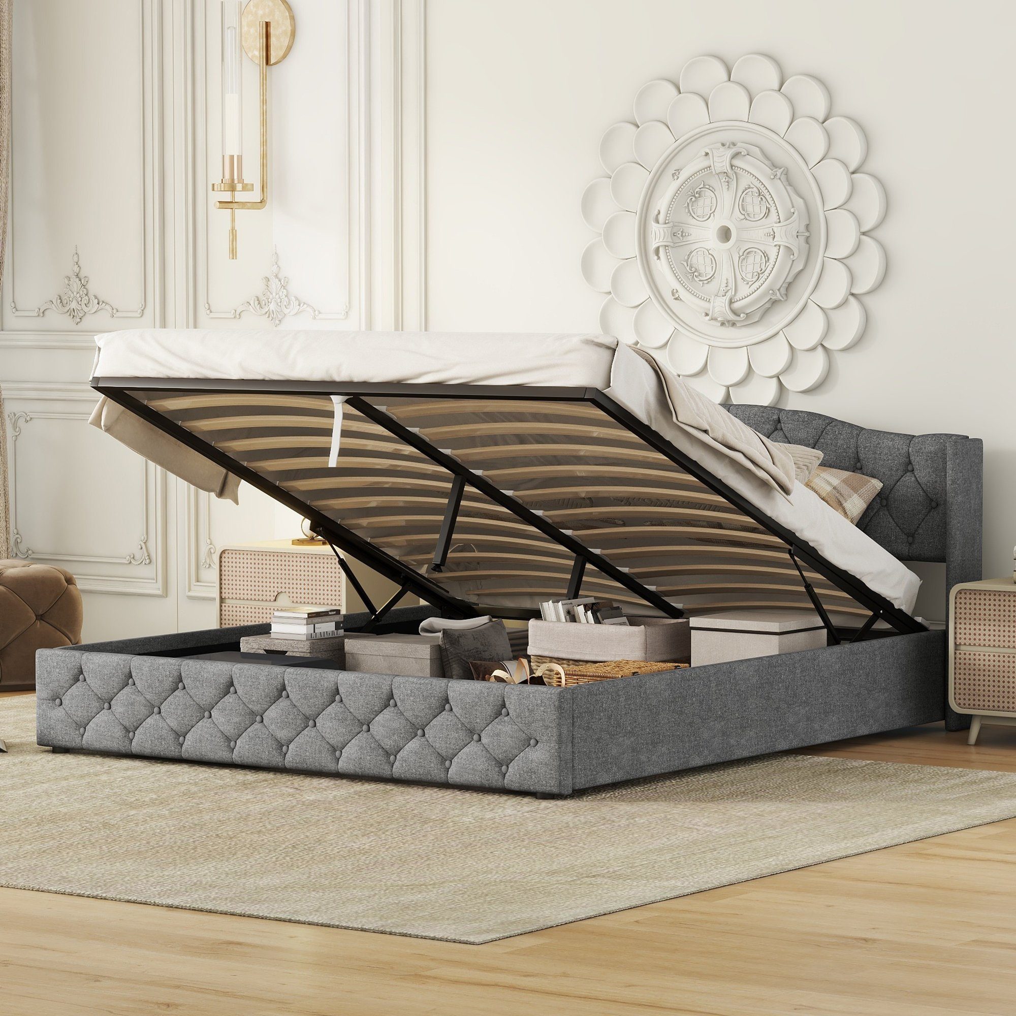 Flieks Polsterbett, Hydraulisches Doppelbett Stauraumbett Leinenbezug 180x2 günstig online kaufen