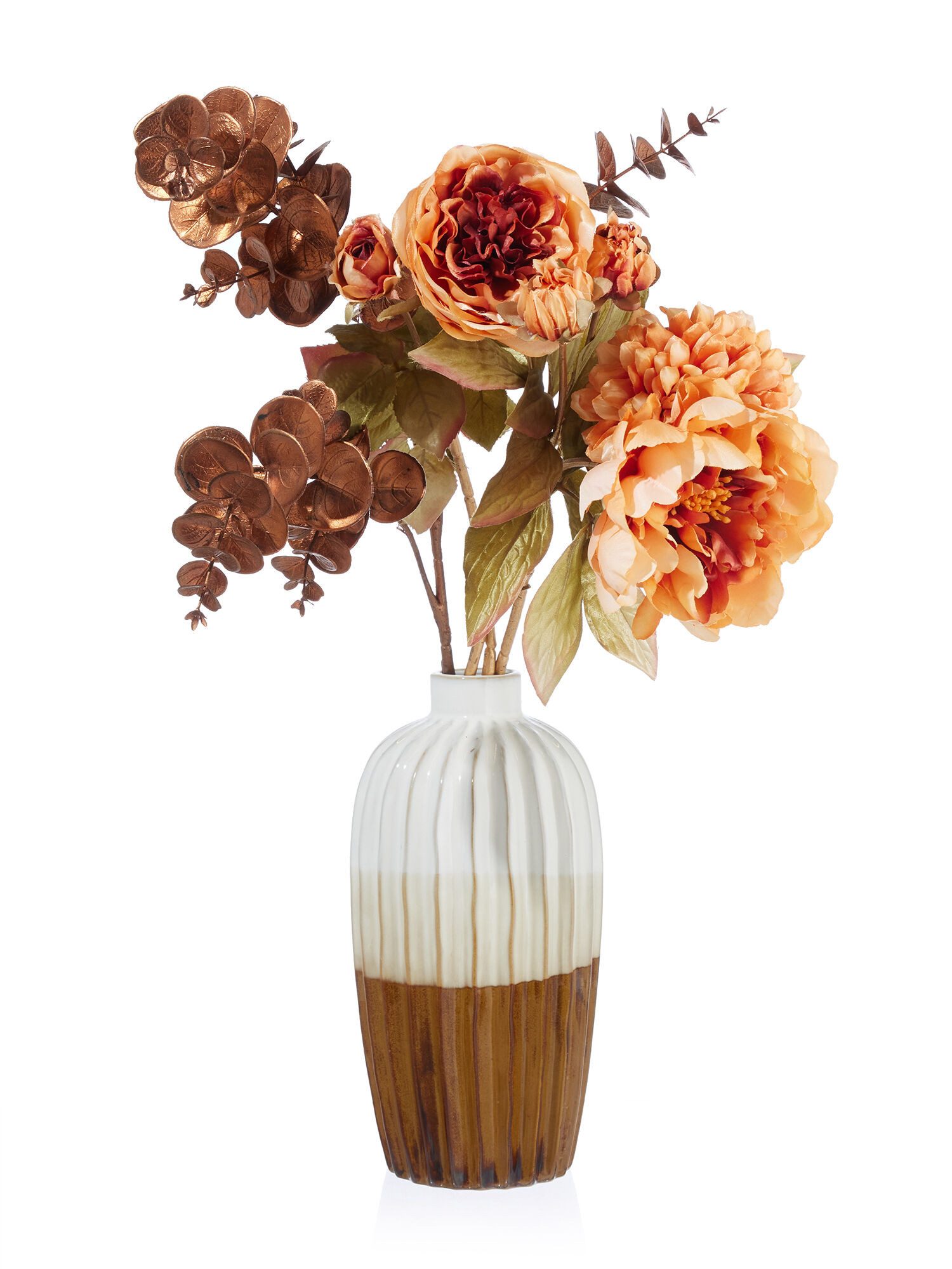 Dekorieren macht glücklich Dekoobjekt Vase Golden Sun + Bouquet (4 St), mit Rosen, Pfingstrosen, Zinnien & Eukalyptus, handgefertigt