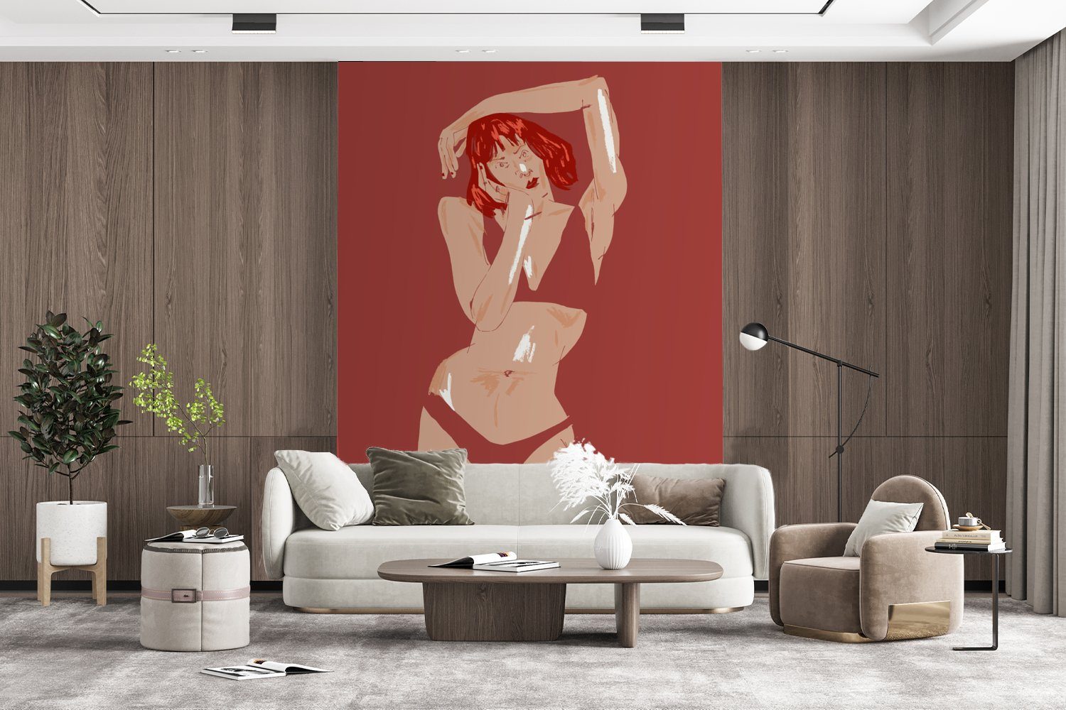 - Rot Frau - MuchoWow (4 Wohnzimmer, Matt, für Abstrakt bedruckt, - Tapete Porträt, Wandtapete Fototapete St), Vinyl Montagefertig