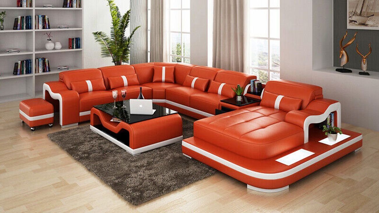 JVmoebel Ecksofa Ledersofa USB Couch Wohnlandschaft Ecksofa Eck Garnitur Modern Sofa Orange