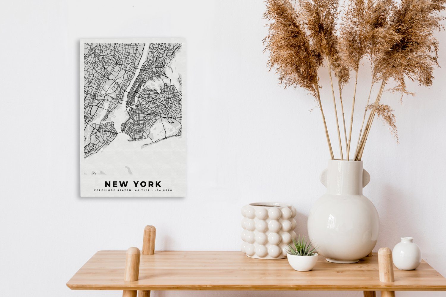 OneMillionCanvasses® Leinwandbild New York weiß Karte, bespannt St), Leinwandbild - inkl. und Stadtplan Zackenaufhänger, 20x30 Gemälde, cm - Schwarz fertig (1 