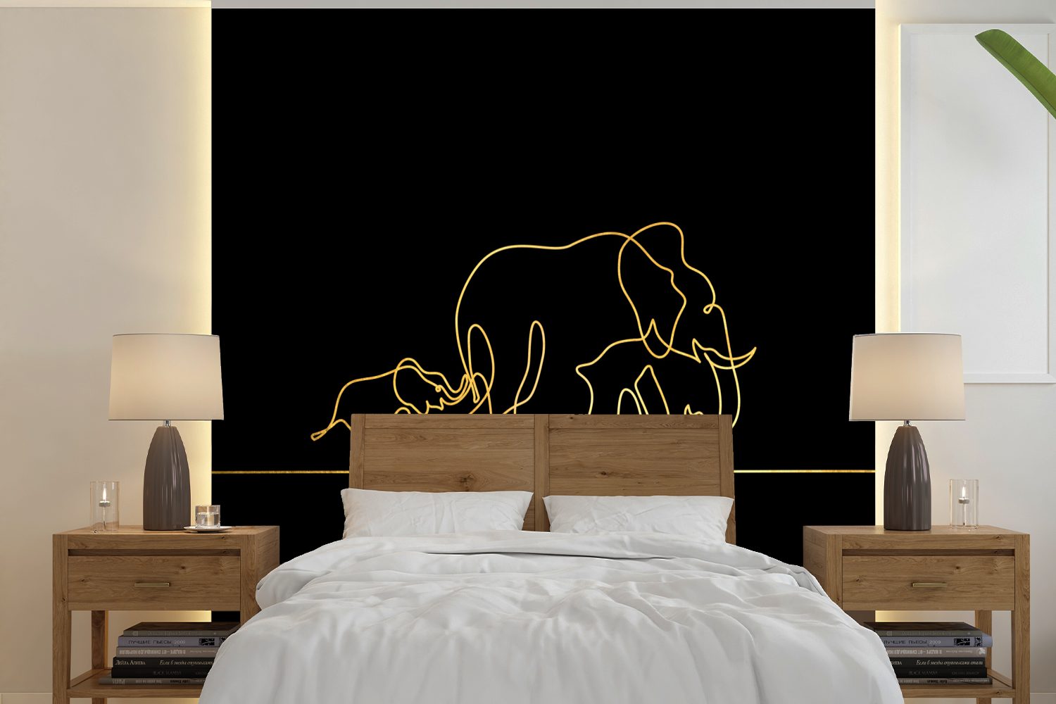 MuchoWow Fototapete Elefant - Gold - Schwarz - Einfach, Matt, bedruckt, (5 St), Vinyl Tapete für Wohnzimmer oder Schlafzimmer, Wandtapete