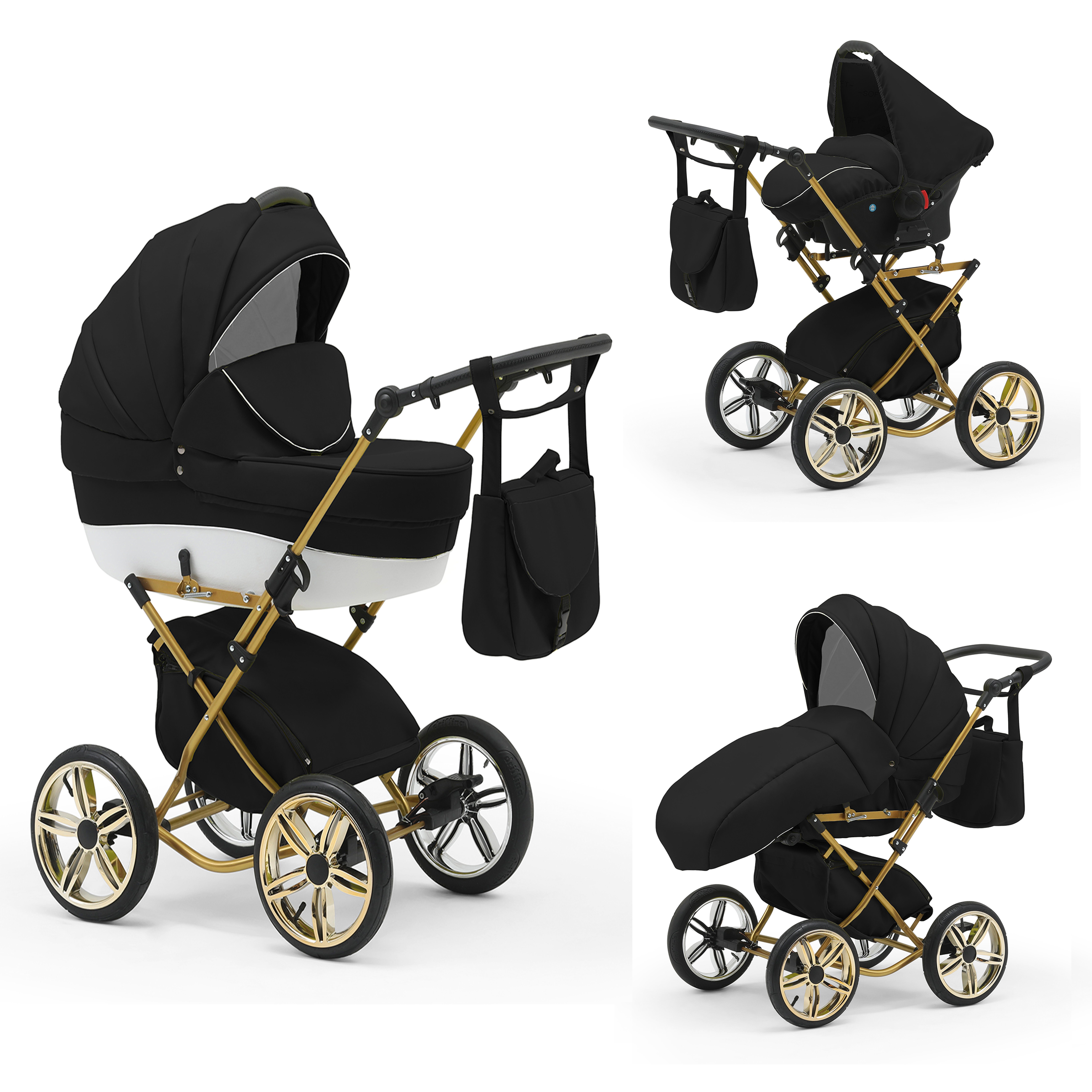 babies-on-wheels Kombi-Kinderwagen Sorento 3 in 1 inkl. Autositz - 13 Teile - in 10 Designs Schwarz-Weiß