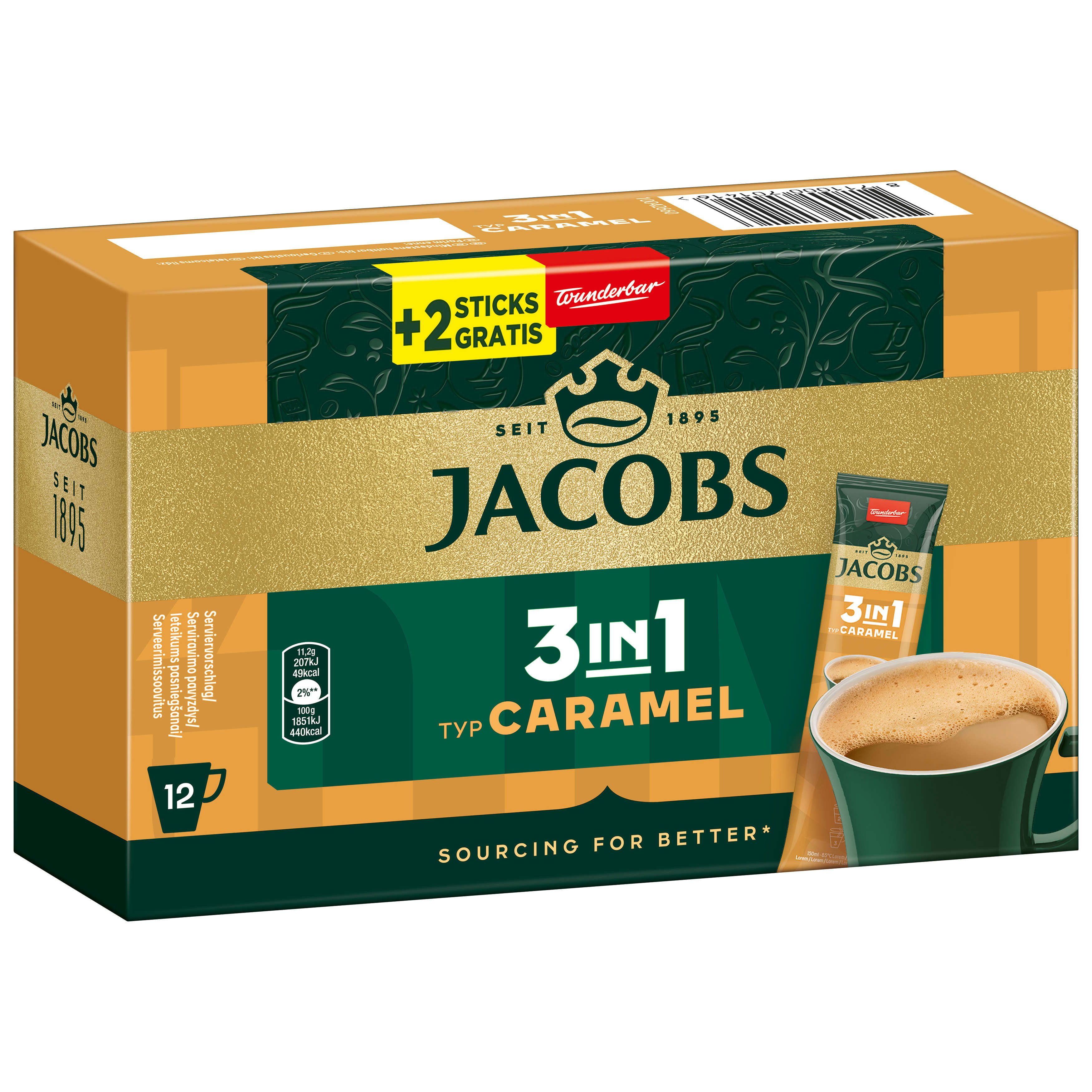 JACOBS Kaffee Löskaffee 3in1 Typ Caramel 12x 10+2 Getränke Sticks löslicher Kaffee, 1613 g, (Packung, 12er Pack)