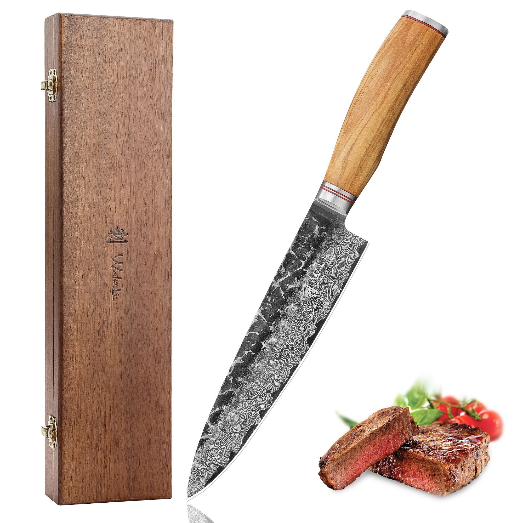 Wakoli Дамасский нож Damast Chefmesser Küchenmesser Поварские ножи 20cm Klinge mit Hammerschlag, aus 67 Lagen Damaststahl, VG10