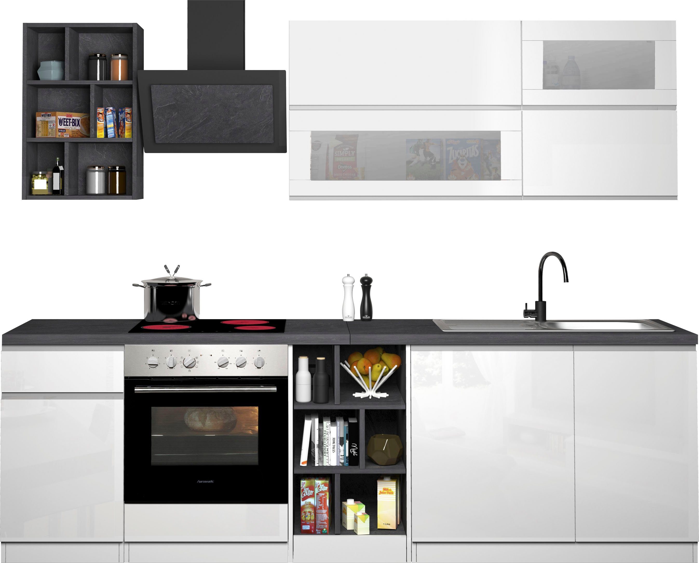 KOCHSTATION Küchenzeile KS-Sole, Breite 256 cm, Hängeschränke mit Milchglas, ohne E-Geräte