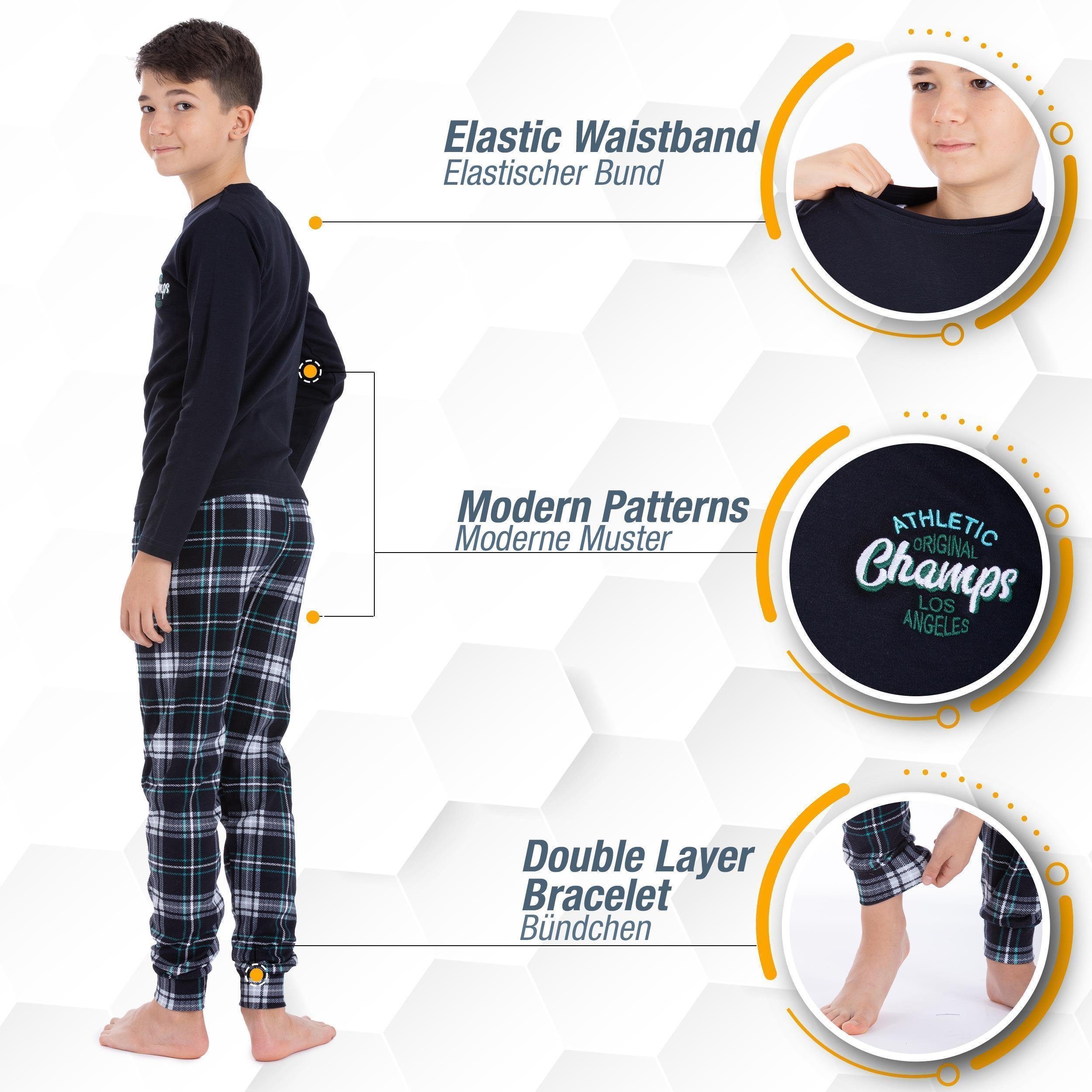 LOREZA Pyjama Jungen Schlafanzug Hausanzug langarm 100% Baumwolle Interlock kariert (Set, 2 tlg)