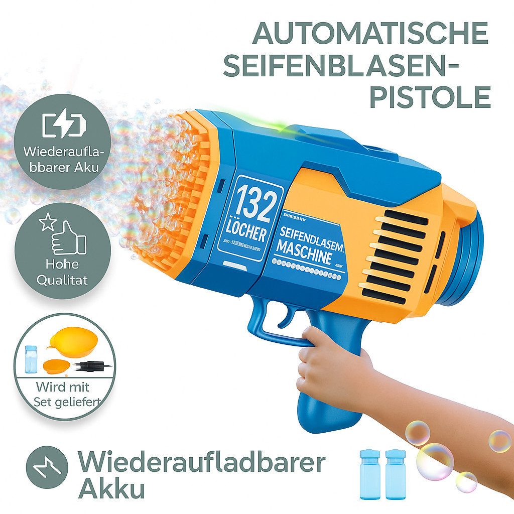 Diyarts Seifenblasenpistole, Mit 132 Blasenauslässen & LED-Lichteffekten