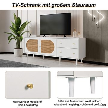 MODFU TV-Schrank TV-Lowboard (mit 2 Schubladen und 4 Fächern, mit Polyrattan-Geflechten Türen) für Ihre Rattandesign