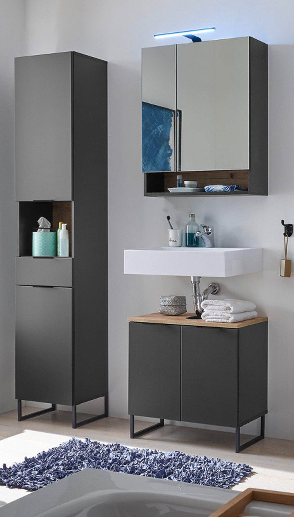 BEGA BBK Badezimmer-Set (3-tlg) in schwarz matt / Evoke Eiche Dekor - 120x195x35 (BxHxT), (3-tlg., bestehend aus: Waschbeckenunterschrank,Spiegelschrank, Hochschrank)