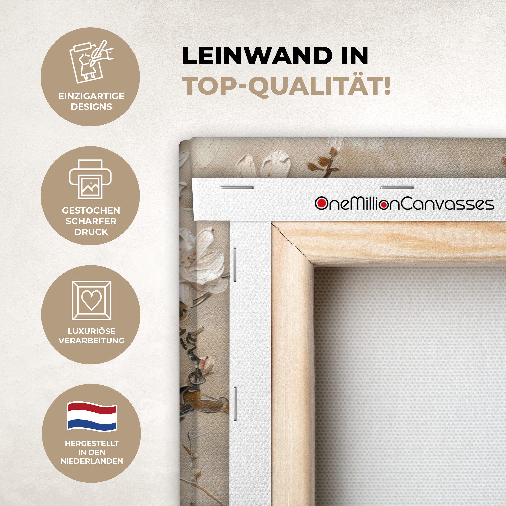 OneMillionCanvasses® Leinwandbild Blumen - Modern - Beige - Weiß - Blüte, Fotodruck (1 St), Leinwand Bilder Klein, Wand Dekoration Aesthetic 30x20 cm