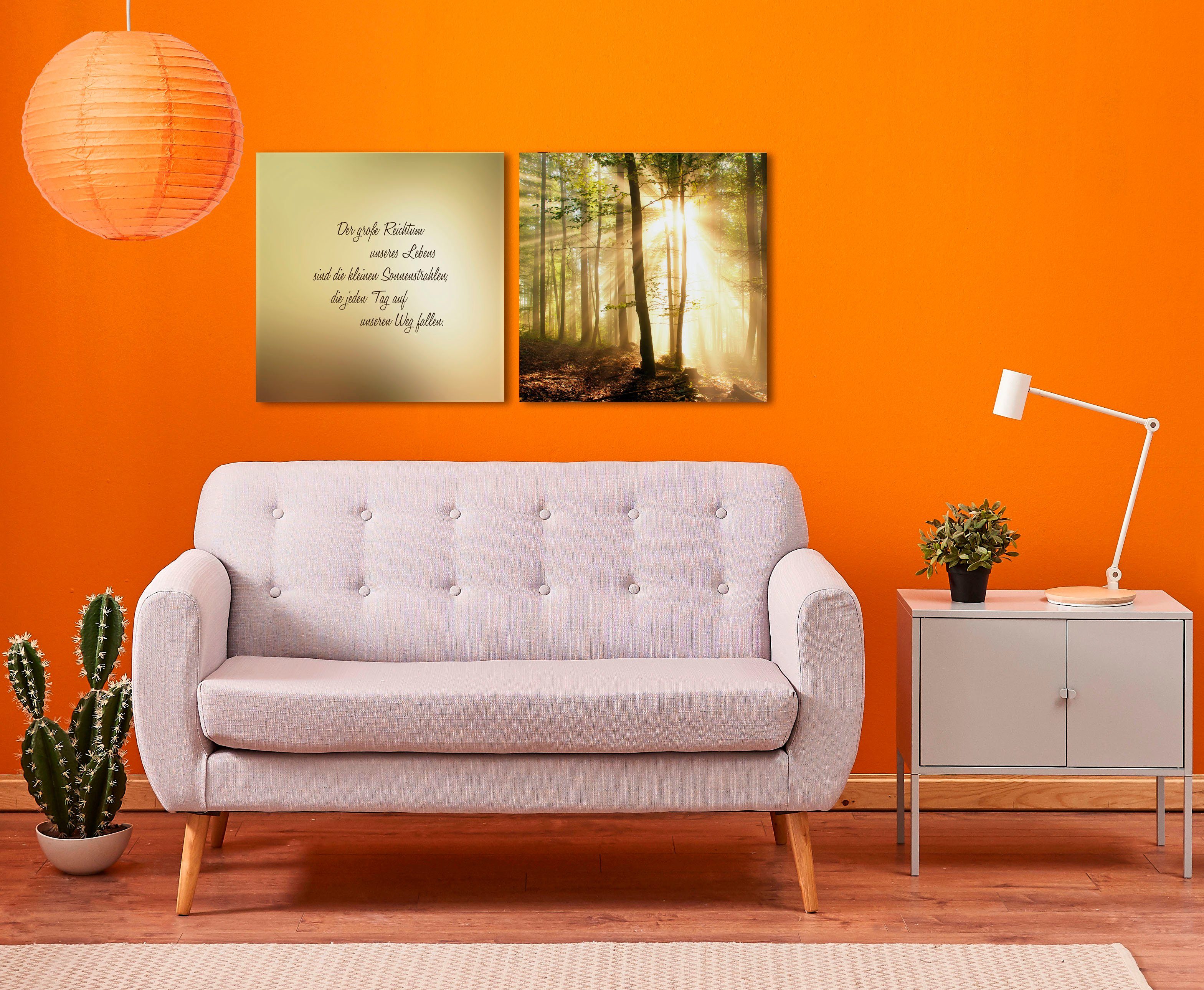 queence Leinwandbild Sonnenstrahlen, Himmel, Kunst, Modern, Schriftzug, Schriftzüge, Sonnenaufgang, Spa, Spa Bilder, Sprüche, Sprüche & Texte, Wald, Waldbilder (Set), Premium-Leinwandstoff, Handarbeit aus Deutschland, Spruch, 2er Set