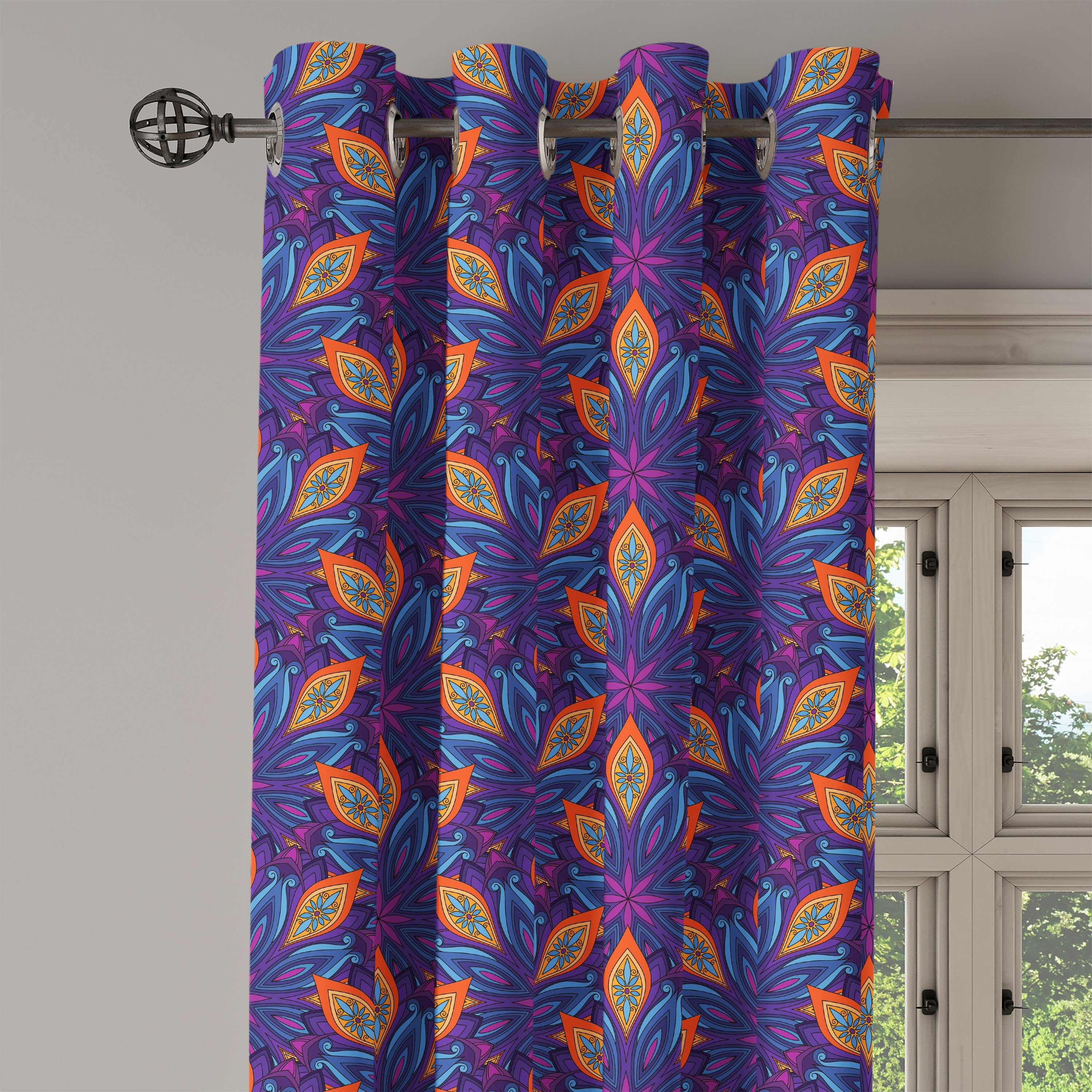 Gardine Dekorative 2-Panel-Fenstervorhänge für Schlafzimmer Wohnzimmer, Abakuhaus, Leuchtende Mandala Blumen Verziert