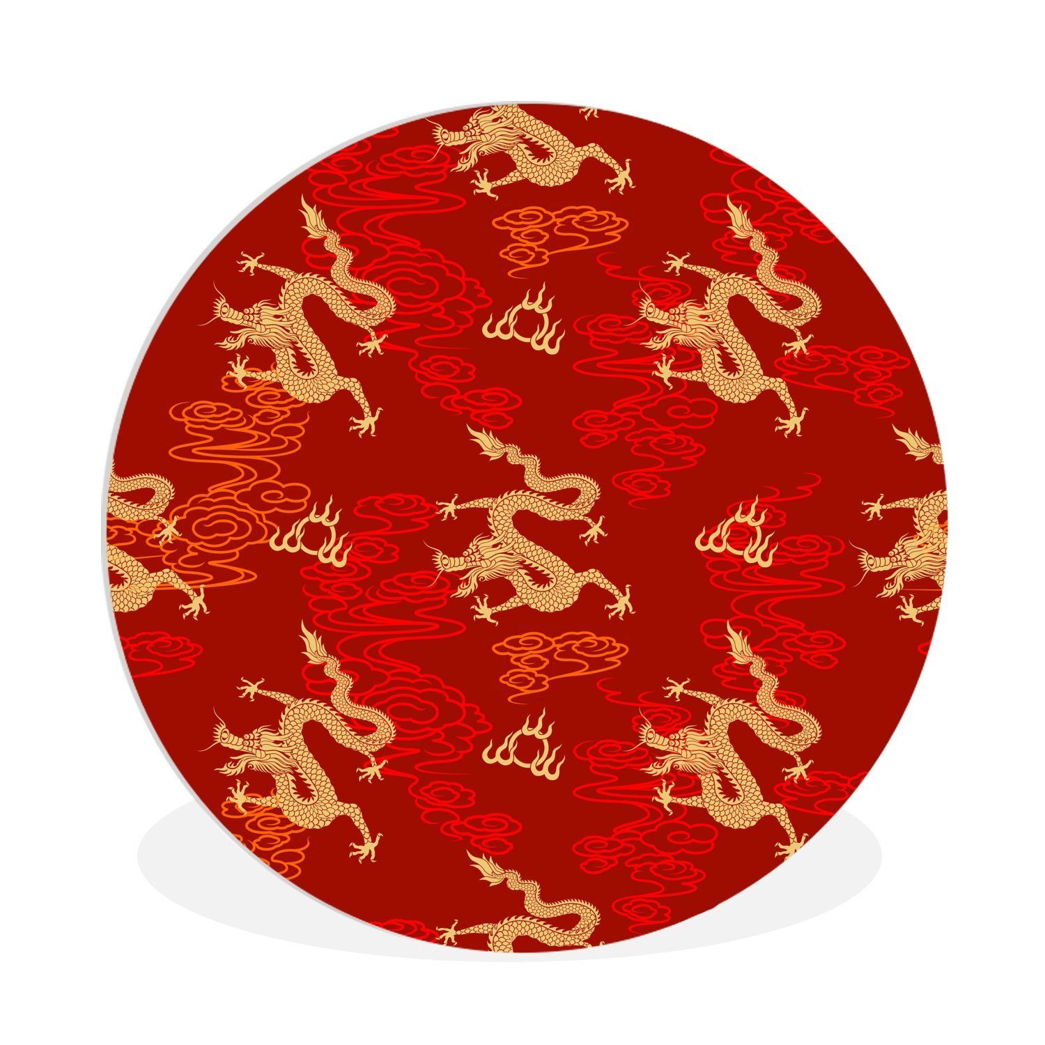 MuchoWow Gemälde Orientalisches Muster Chinesische Drachen auf rotem Hintergrund, (1 St), Kreis Wanddekoration Forex, Rundes Wandbild, Wohnzimmer, 30x30 cm