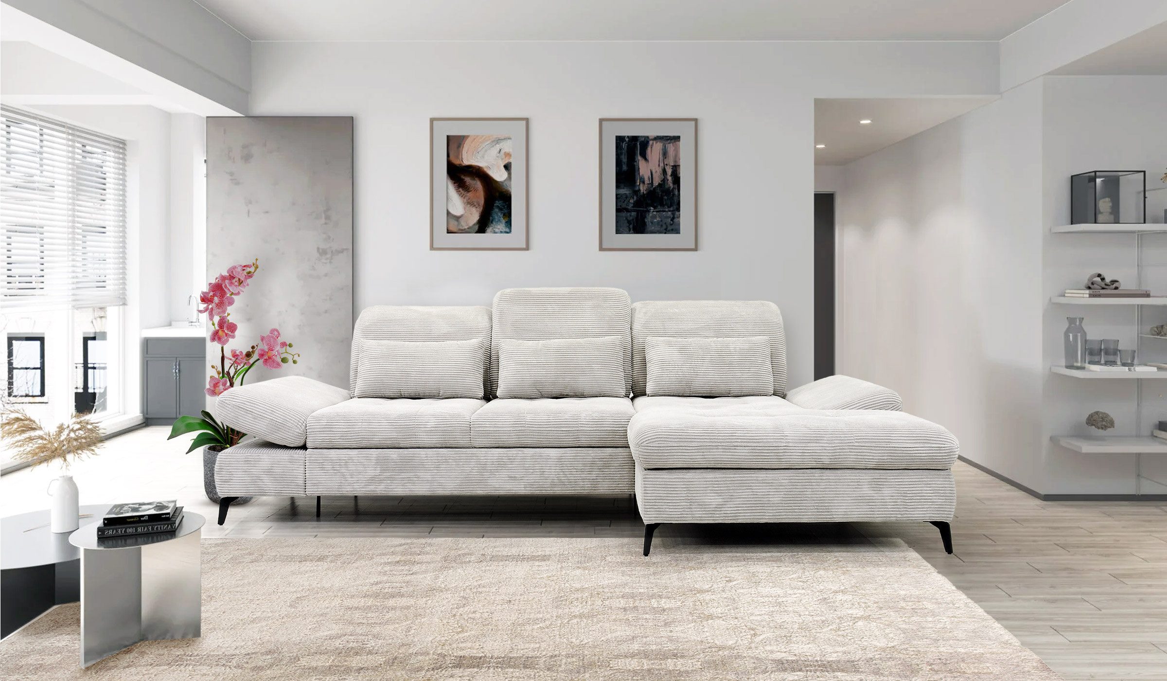 Hygger Möbelhaus Ecksofa Nola L-Form 300 x 170 cm. Wahlweise mit Bettfunktion und Bettkasten., Inkl. Sitztiefenverstellung, Kopfteilverstellung, Armteilverstellung, funktionales Design im minimalistischen Stil.