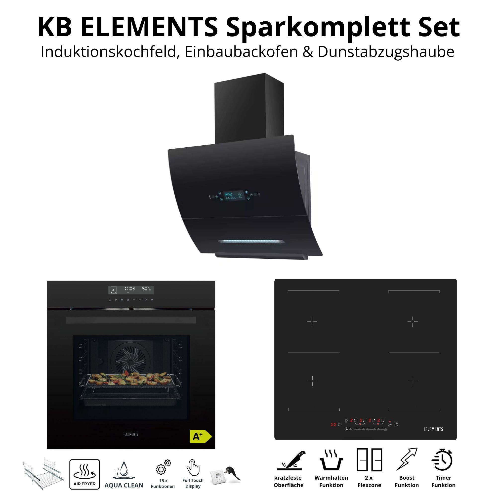 KB Elements Induktions Herd-Set Kratzfestes Induktion 60 cm mit Einbaubackofen 60 cm, mit 2-fach-Teleskopauszug, Einbaubackofen Full Touch, Kratzfestes Induktionskochfeld