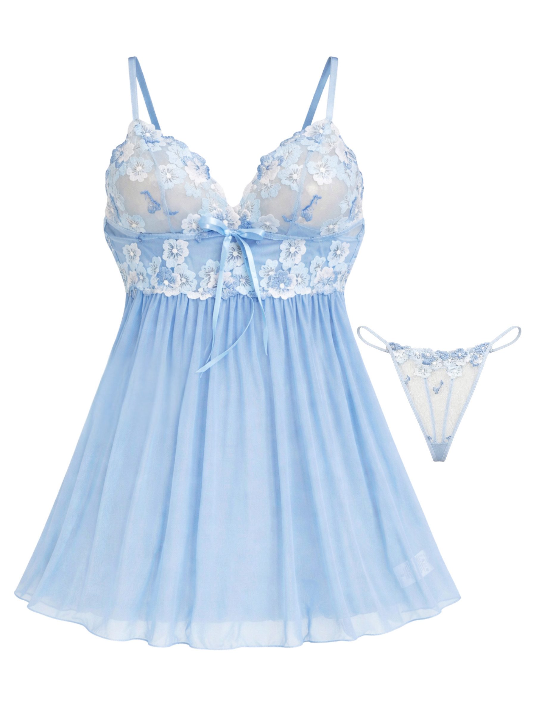 Elegant Love Negligé Reizwäsche-Set: Transparentes Schlafanzug & String als Nachtwäsche (Set, 2-tlg., Negligee + Tanga) Babydoll mit Blumenstickerei – perfekt für besondere Momente
