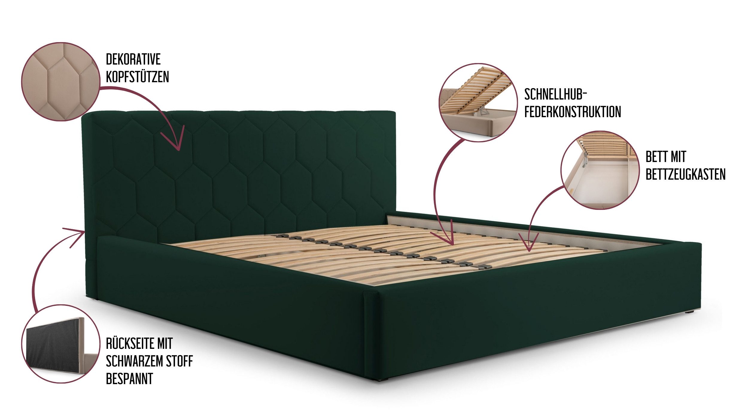 MOEBLO Polsterbett Bett 02 (aus Samt, Doppelbett mit gepolstertem Kopfteil, Bettkasten & Lattenrost, modernes Design mit Stauraum), (BxHxT): 158/178/198 x 95 x 220 cm