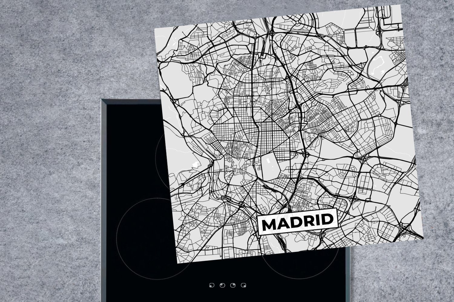 MuchoWow Herdblende-/Abdeckplatte Madrid - Schwarz cm, Stadtplan Vinyl, Ceranfeldabdeckung, Arbeitsplatte und Karte, - tlg), küche für 78x78 weiß - (1