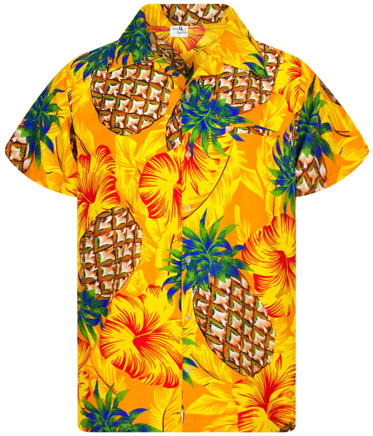 King Kameha Hawaiihemd Pineapple Hibiscus Funky Hawaii-Hemd Kurzarm Front-Tasche Unisex