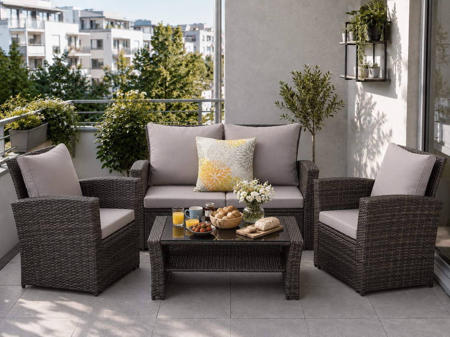 MeXo Gartenlounge-Set Gartenmöbel-Set Sitzgruppe, (Lounge-Set für 4 Personen, 4-tlg., 2-Sitzer Sofa, 2 Sesseln & Stauraum-Tisch), wetterfest, frei kombinierbar