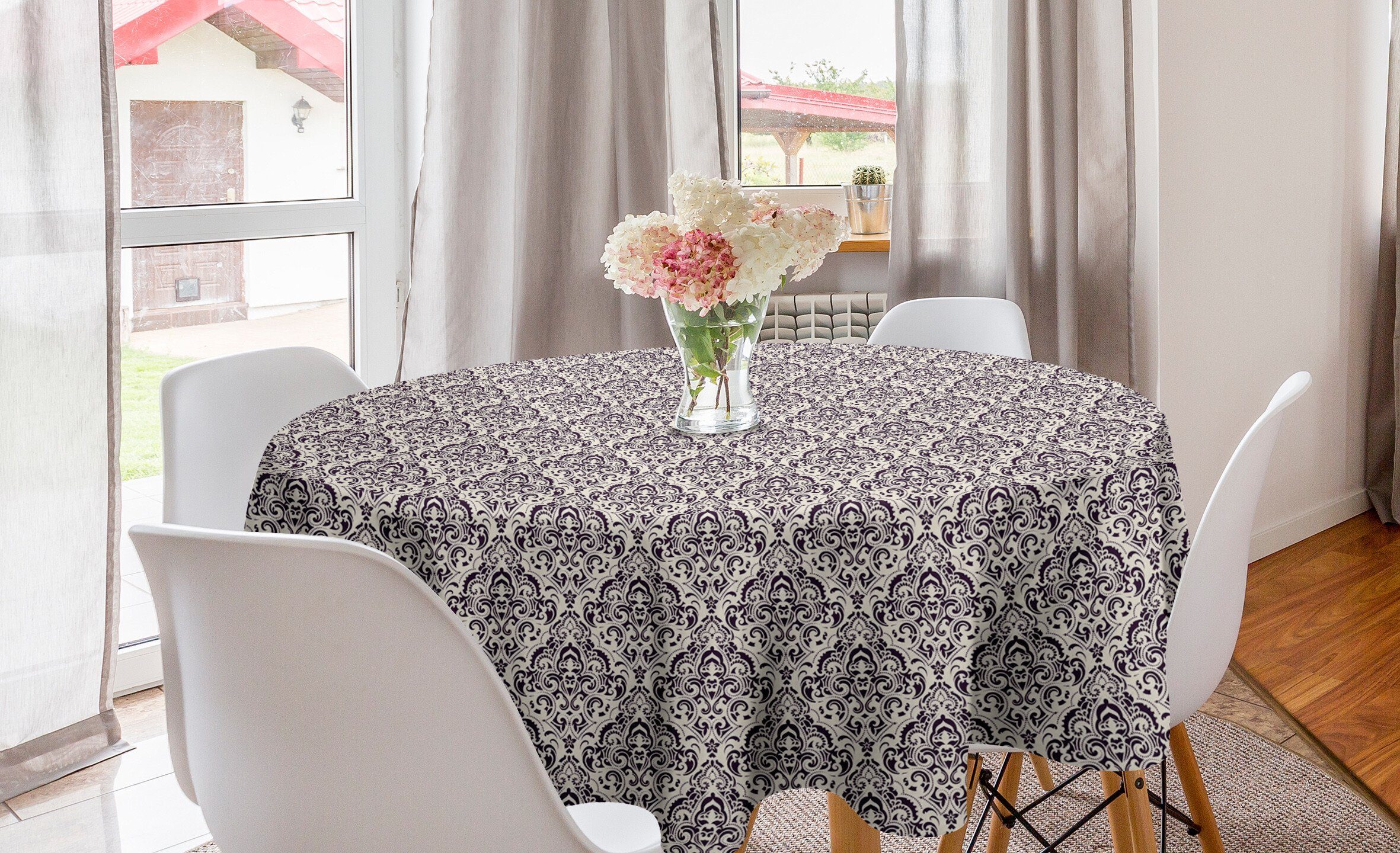 Abakuhaus Tischdecke Kreis Tischdecke Abdeckung für Esszimmer Küche Dekoration, Damast Monochrome Blumenverzierungen