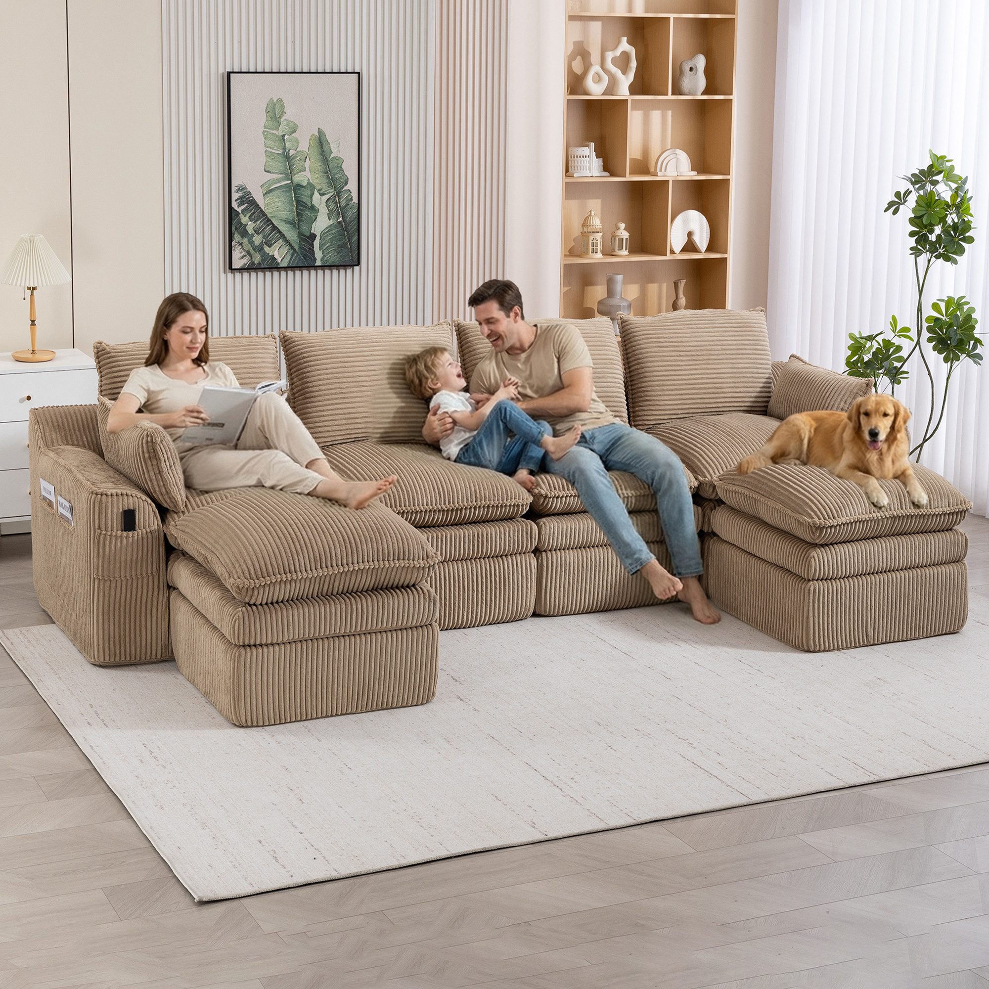 Odikalo Sofa Ecksofa 2-3-4-Sitzer inkl. Kissen & 2 Seitentaschen, Modulares 4-Sitzer Cordsofa (mit 2 Hockern), 3‑lagiger Schaumstoff + Federkern für schnelle Rückfederung. Frei kombinierbar – ideal für Wohnzimmer, Büro & mehr.