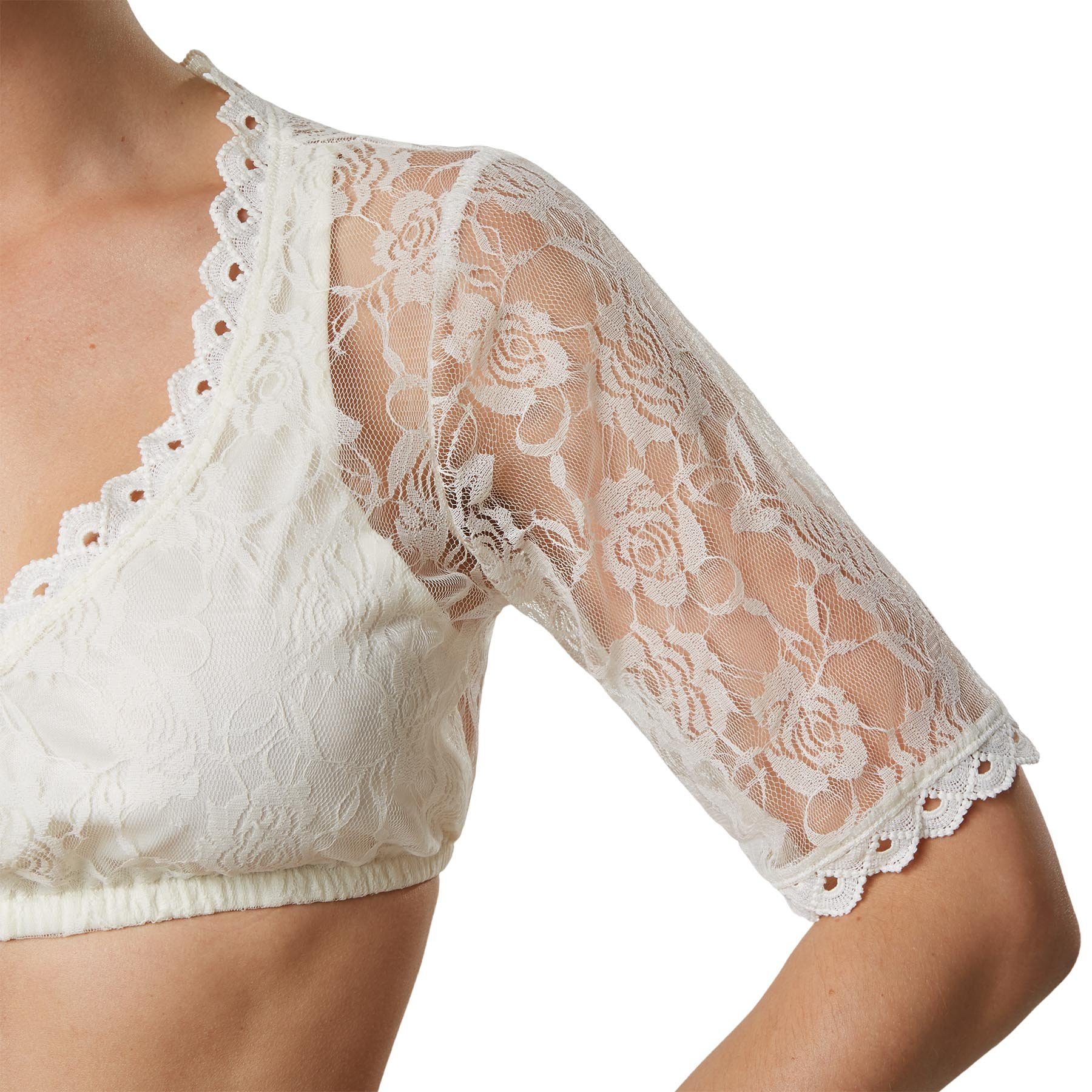 dressforfun Trachtenbluse Dirndlbluse mit halblangen Ärmeln und Gummizug am unteren Saum (Frauentracht Lotti, in beige) Vollflächige Blumenspitze, blickdichte F – Bild 5 von 5