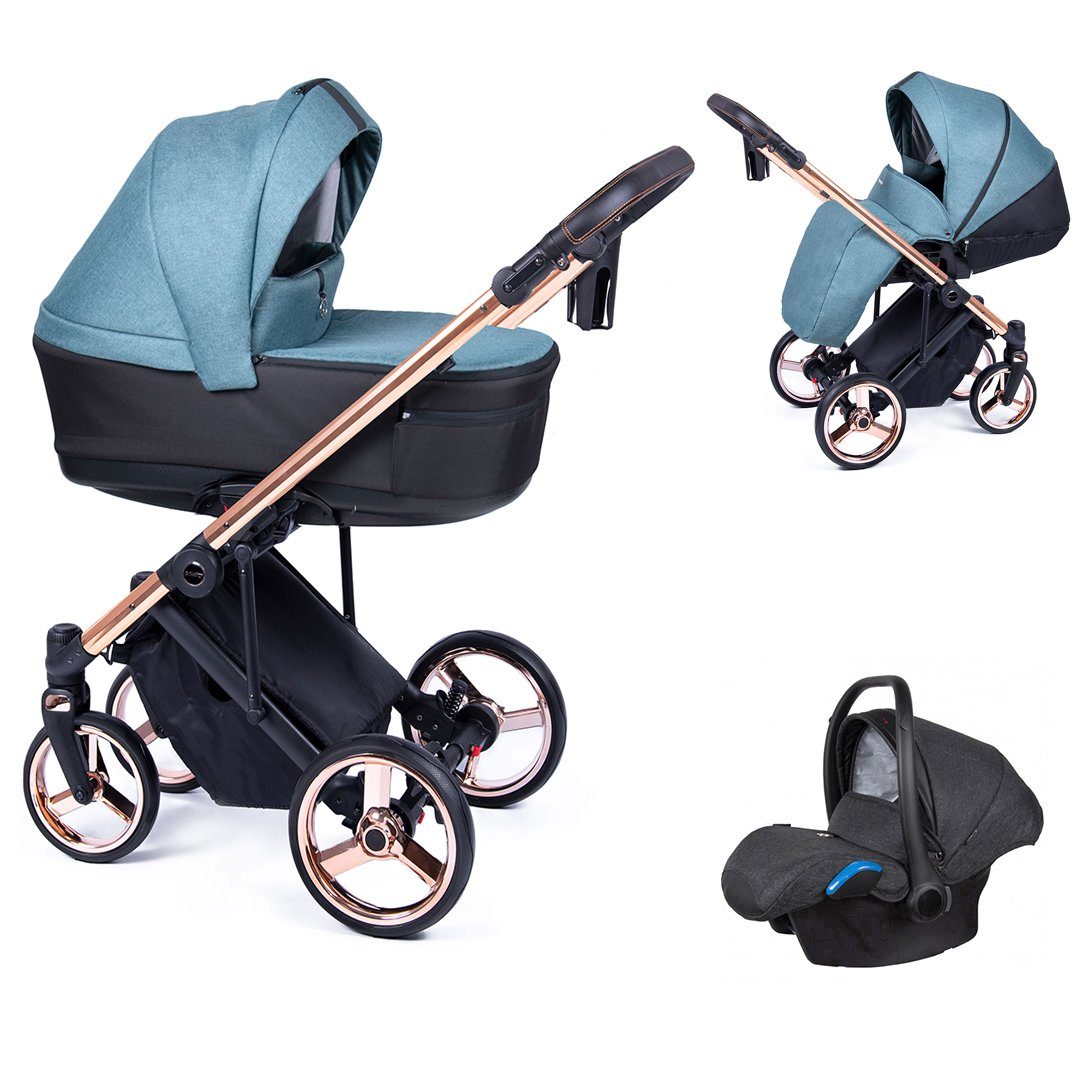 babies-on-wheels Kombi-Kinderwagen 3 in 1 Kinderwagen-Set Fado - 15 Teile - in 24 Designs Türkis = Gestell gold