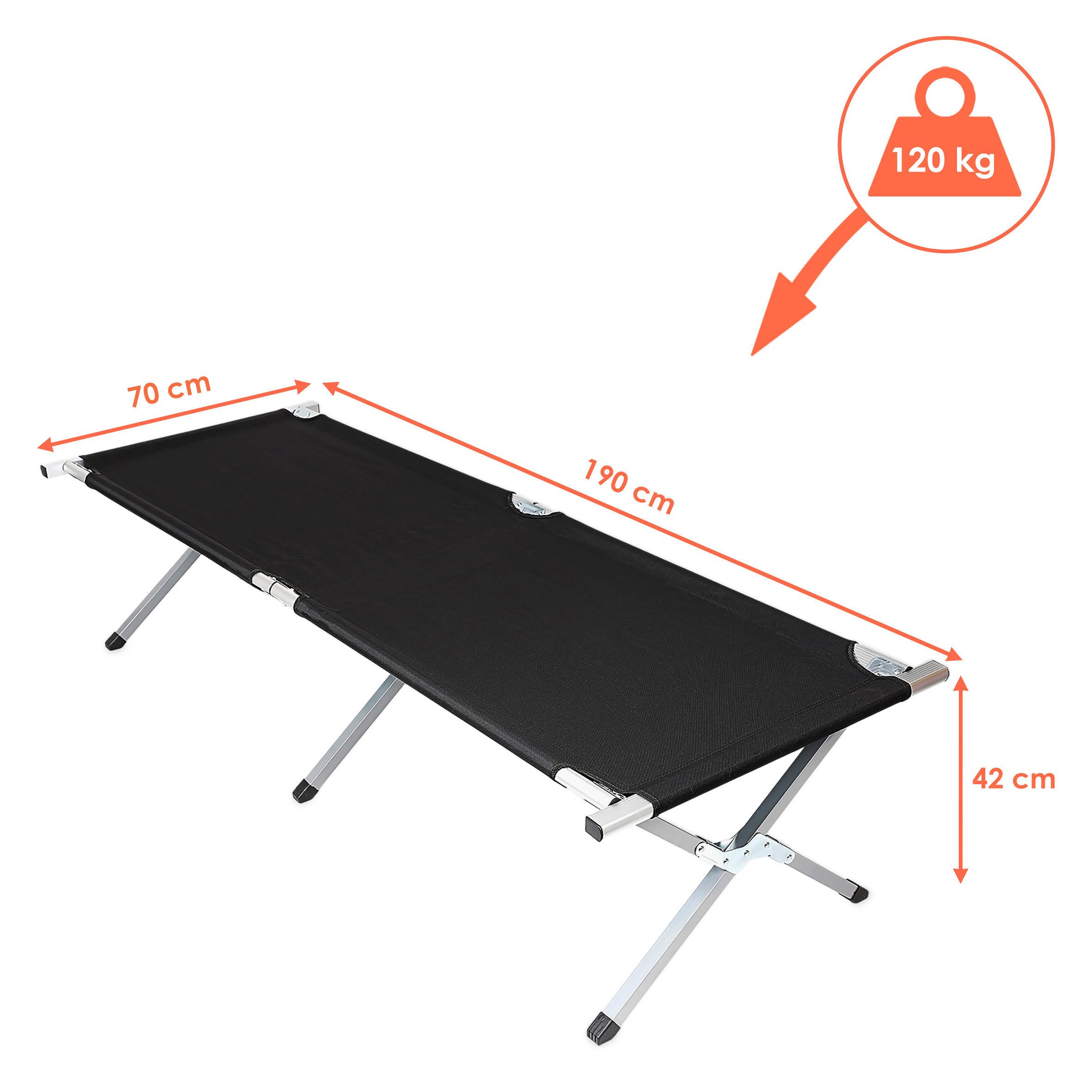 Spetebo Feldbett XXL Campingbett mit Tragetasche 190 x 64cm schwarz (Packung, 1-St., klappbar) Reise Feldbett mit Belastbarkeit bis 120 kg